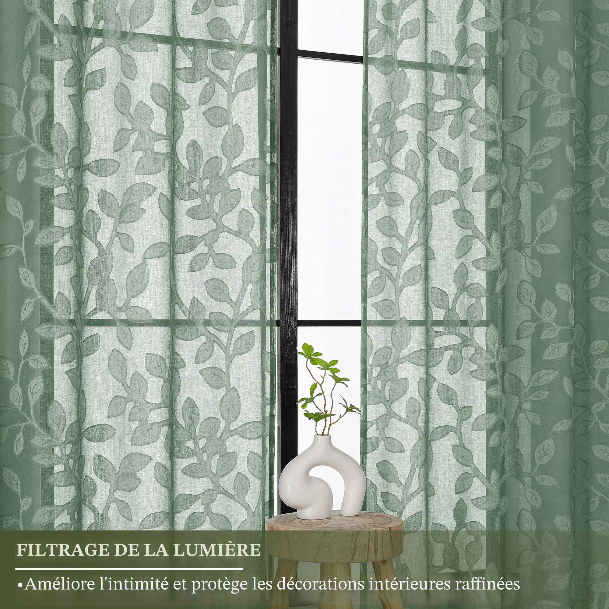 OVZME 2 panneaux de rideaux texturés avec motifs jacquard de feuilles pour chambre à coucher et salon, voiles semi-transparents filtrant la lumière avec clips, vert sauge, 107 x 160 cm par panneau
