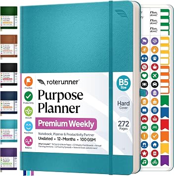 Roterunner Purpose Planner Notebook B5 7.5x9.8 12 Month Undated 2026 Daily Weekly and Monthly Productivity Goal Setting Tool for Work Home ADHD Planner for Adults Self Care Journa Teal