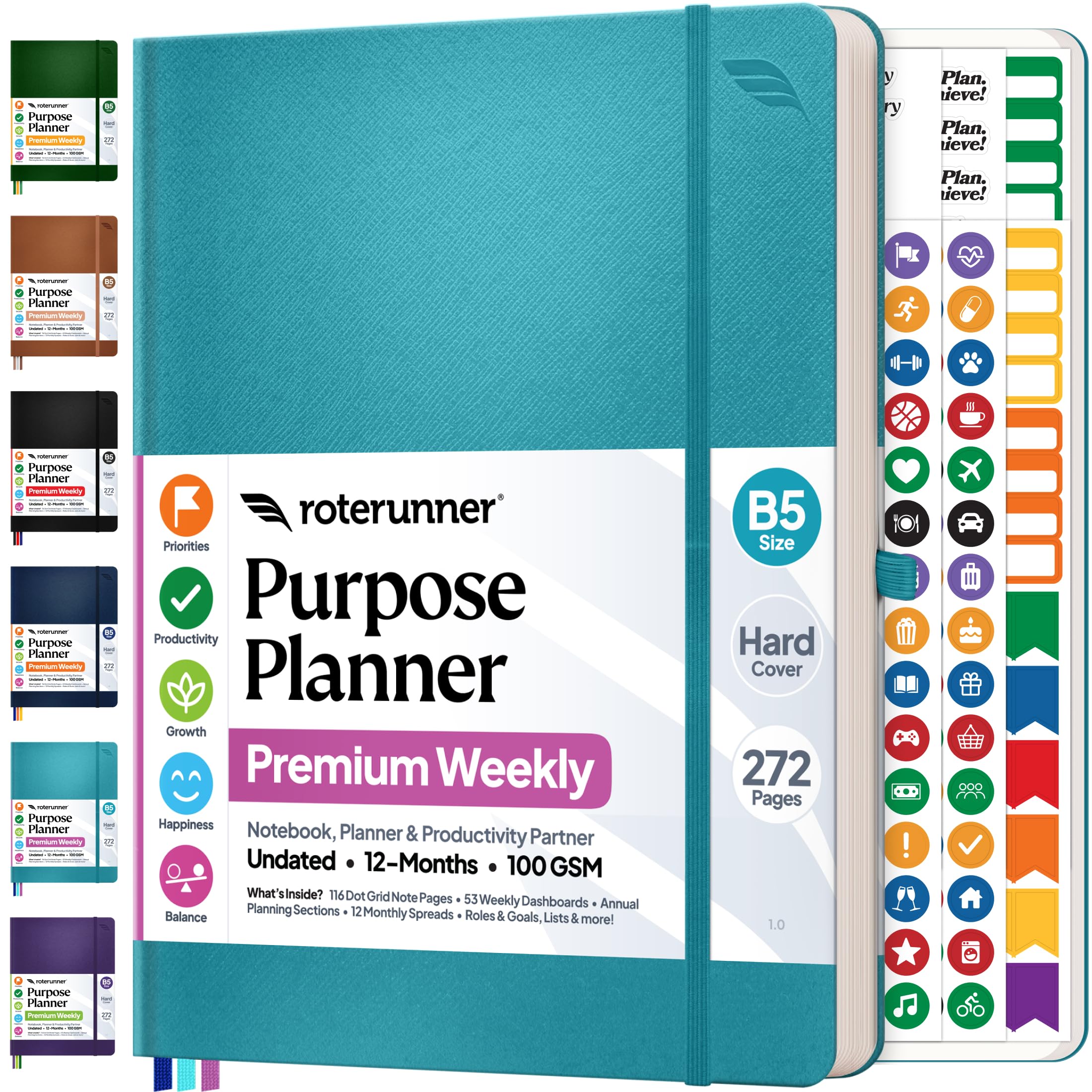 Roterunner Purpose Planner Notebook B5 7.5”x9.8” 12 Month Undated 2026 Daily Weekly and Monthly Productivity Goal Setting Tool for Work Home ADHD