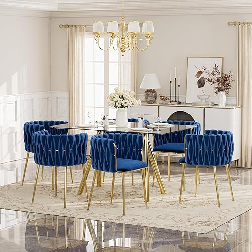 Miniatura 28 de Glam Style - Juego de mesa de comedor de 5 piezas para 4, mesa de comedor rectangular de vidrio templado de 51 pulgadas con base de metal dorado