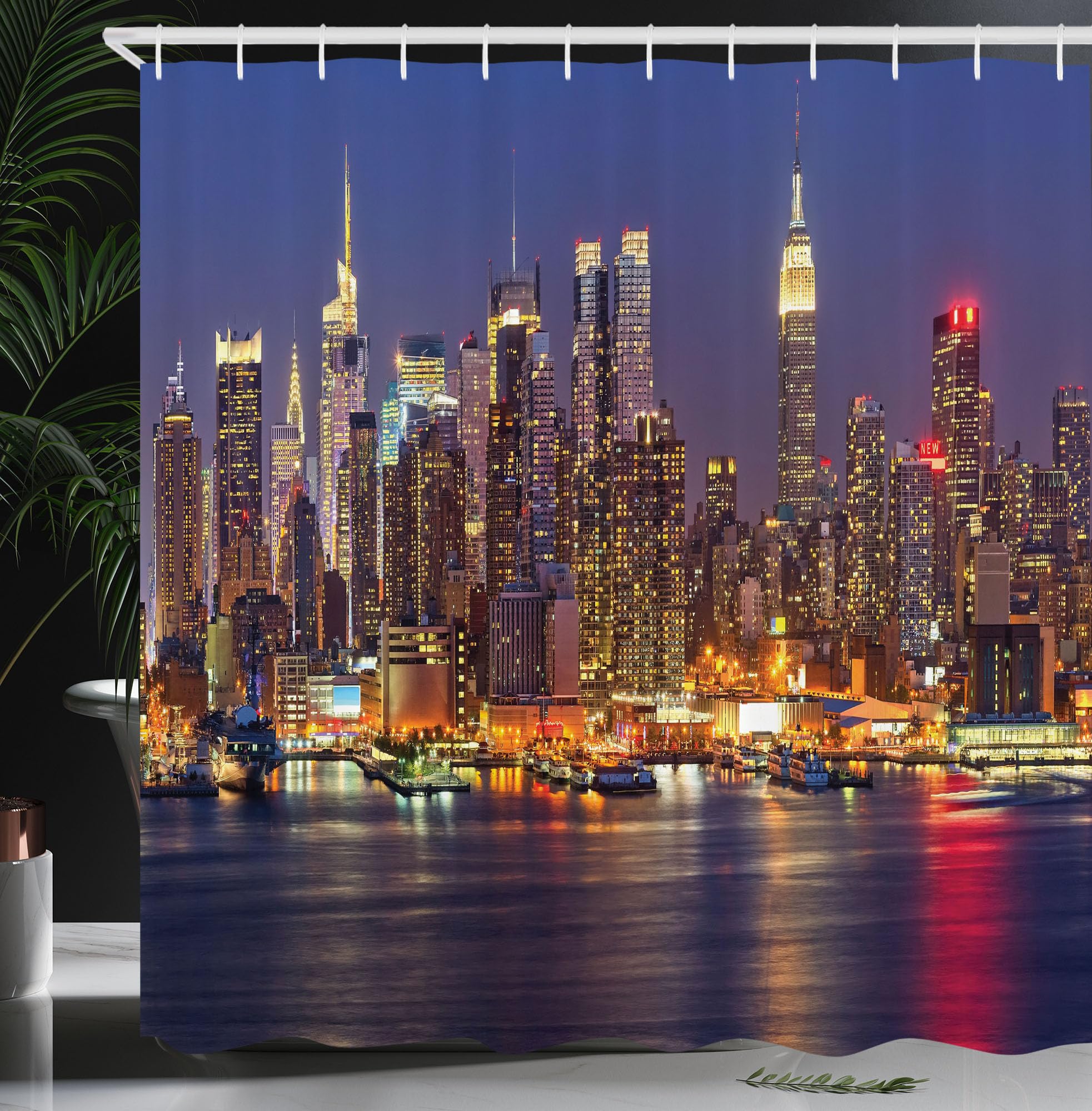 Cityscape Decor Shower Curtain by Ambesonne, NYC New York City Night Skyline Scenery View Artwork Picture Prints, Polyester Fabric Bathroom Shower Curtain Set with Hooks, 69 X 70 Inches, Multicolor
