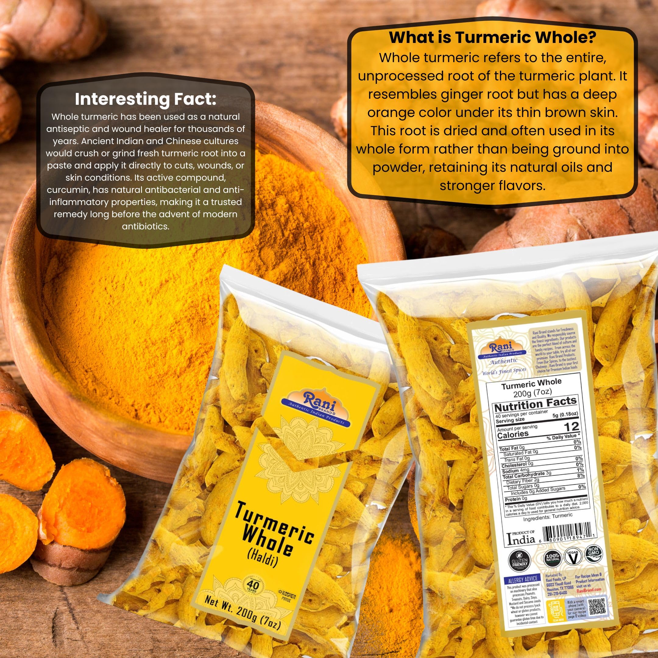 Rani Turmeric (Haldi) Root Whole Spice, Dried 7oz (200g) ~ All Natural | 100% Pure | Vegan | Gluten Friendly | NON-GMO | Kosher | Indian Origin