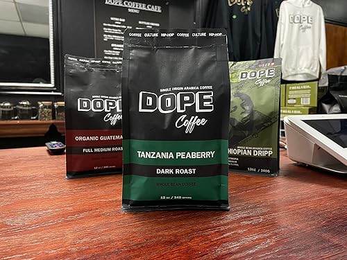 Miniatura 3 de Dope Coffee Ground Tanzania Peaberry Dark Roast, Rainforest Alliance, 100% café arábica, 12 onzas