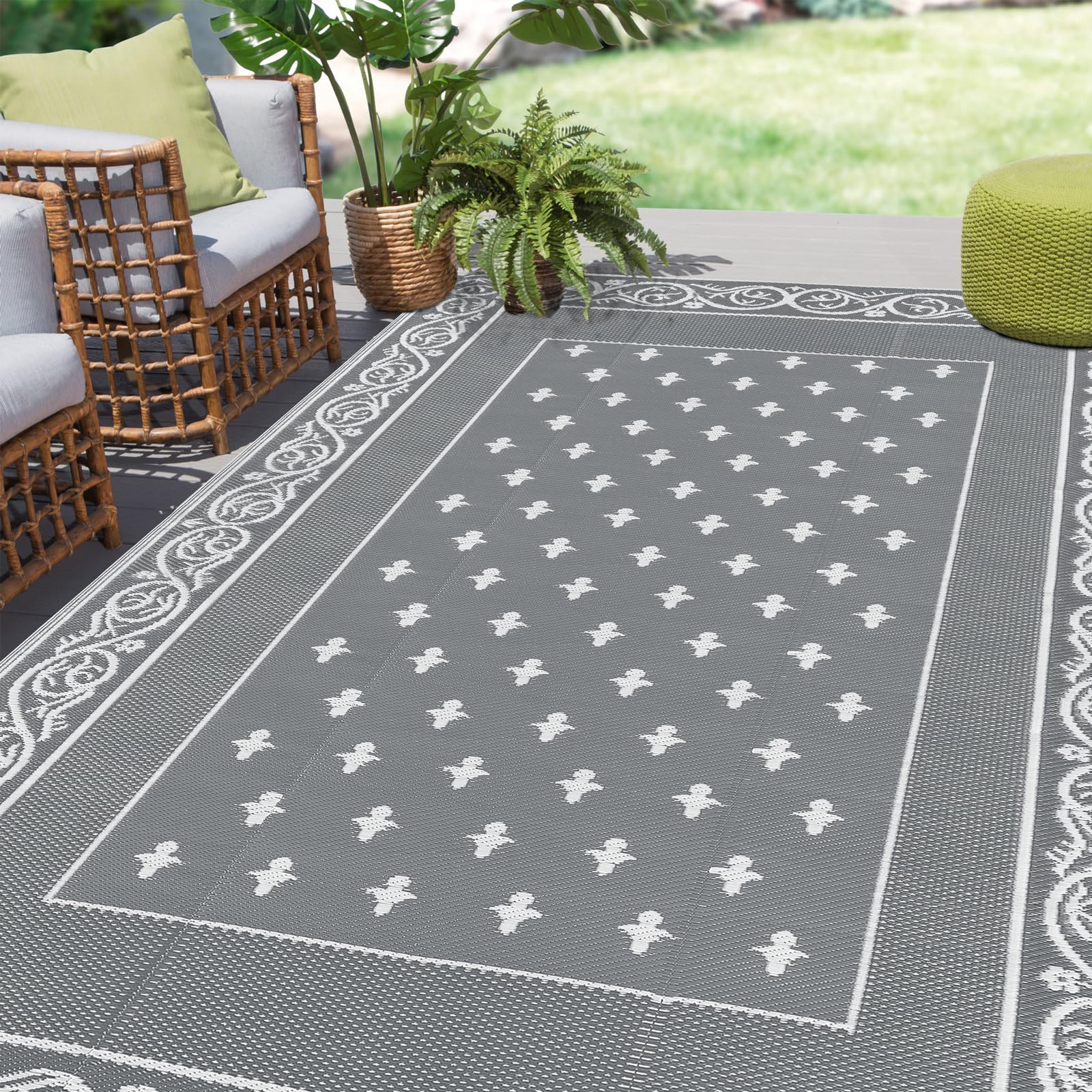 Pauwer Waterproof Outdoor Rug 6x9, Reversible Plastic Straw Patio Camping Rug, Indoor Outdoor RV Mat Carpet for Deck, Camper, Porch, Balcony, Backyard, Picnic, Bordered Grey โ image 1