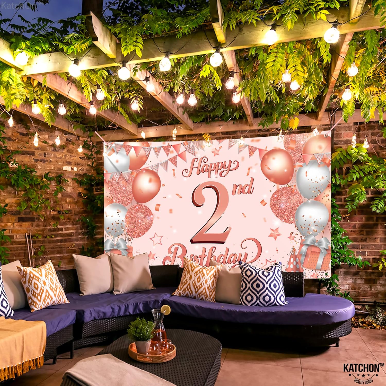 KatchOn, Rose Gold Happy 2nd Birthday Banner - XtraLarge, 72x44 Inch | Happy Birthday Banner for 2 Year Old Birthday Decorations Girl | birthday Backdrop for 2nd birthday Decorations for Girl