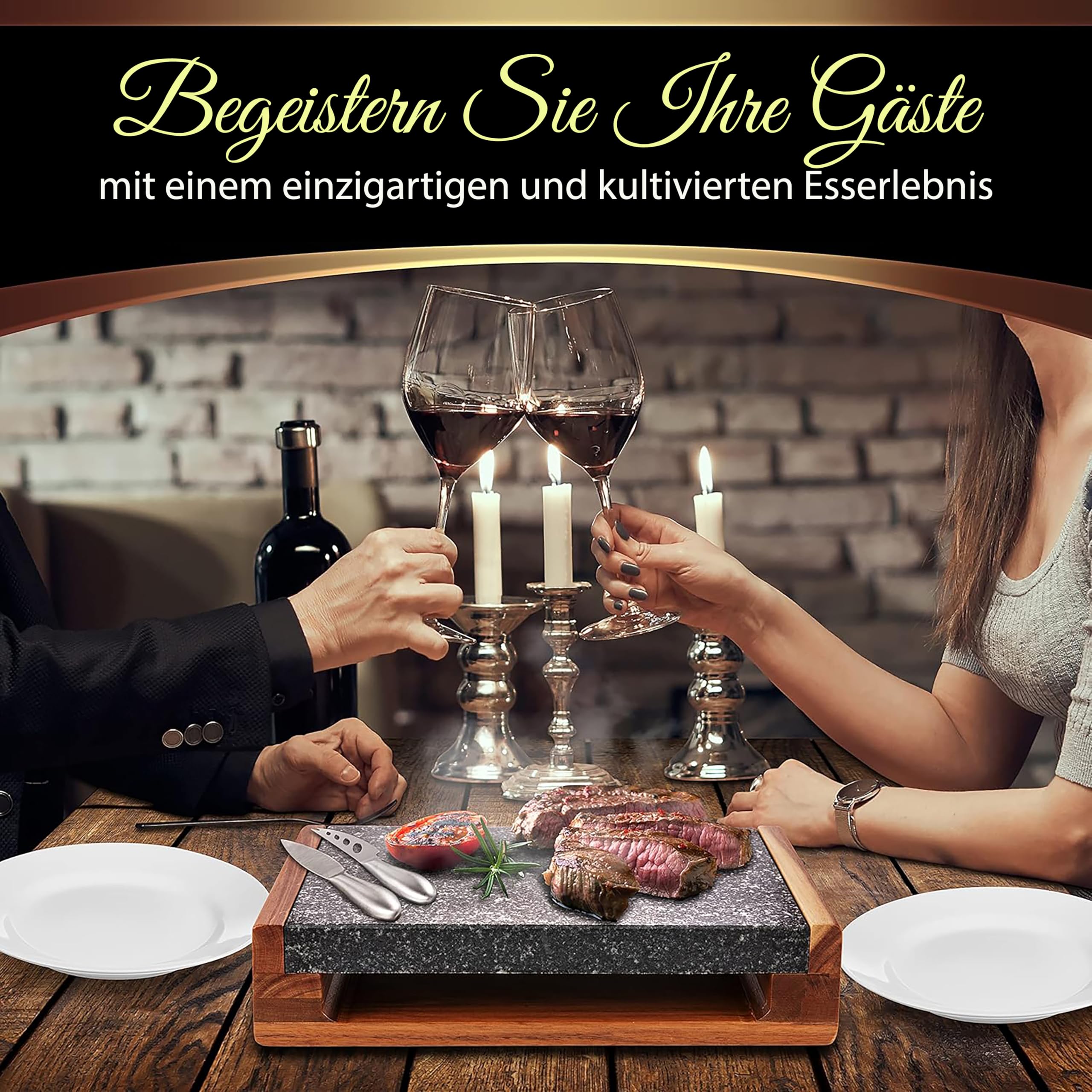 Nutrichef Heißer Stein, Lavastein, Steingrill- für Steak, BBQ & Fleischgrillen, Steak Platte- mit Edelstahlmessern, Steinplatte- Kocht & bewahrt Hitze und Geschmack, Beheiztes Steakbrett zum Servieren