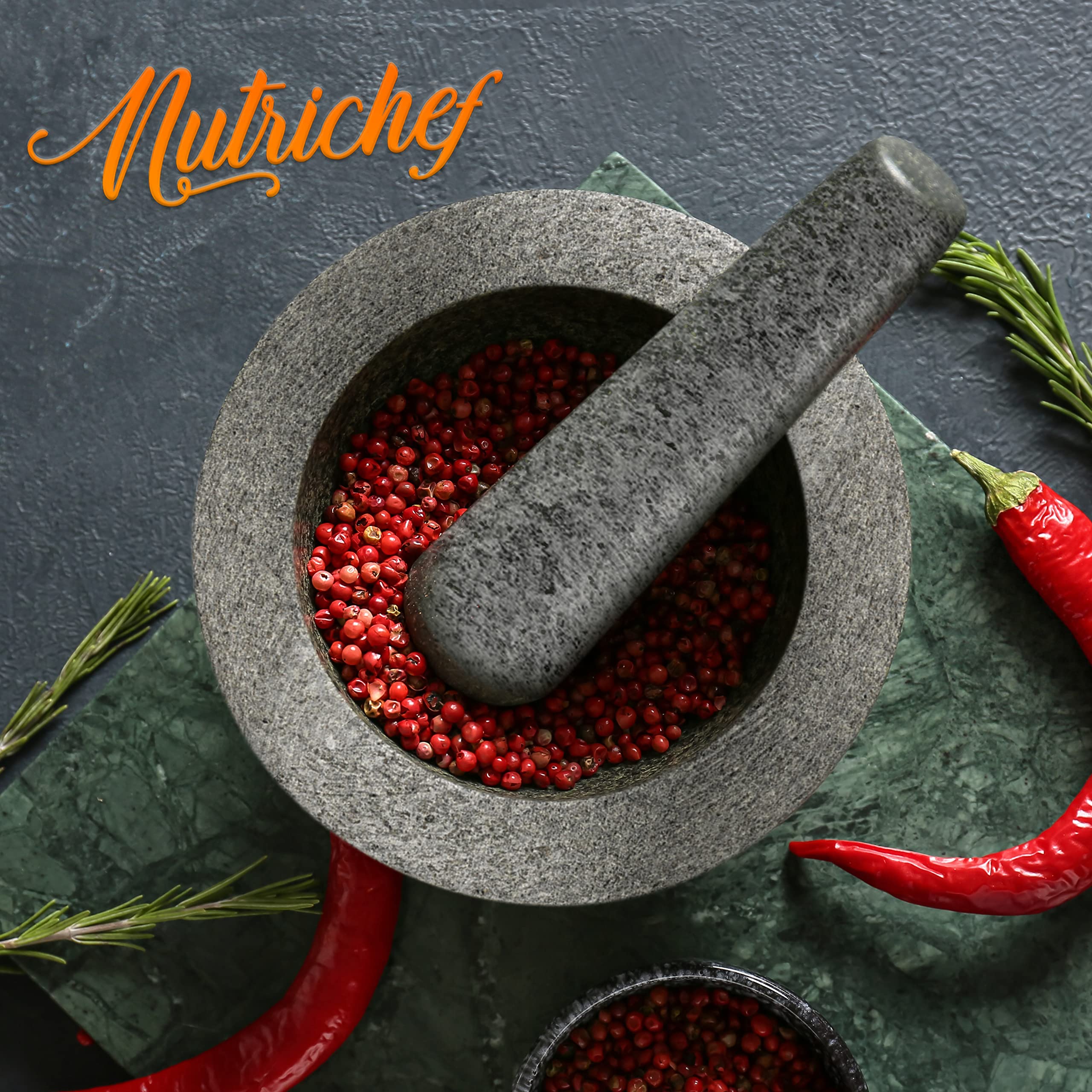 NutriChef Mortero y Maja de 15,2 cm - Granito sin pulir 100% natural - Cuenco de piedra mocajete antideslizante - Para preparar guacamole fresco, salsa, hierbas y especias - Capacidad de 2
