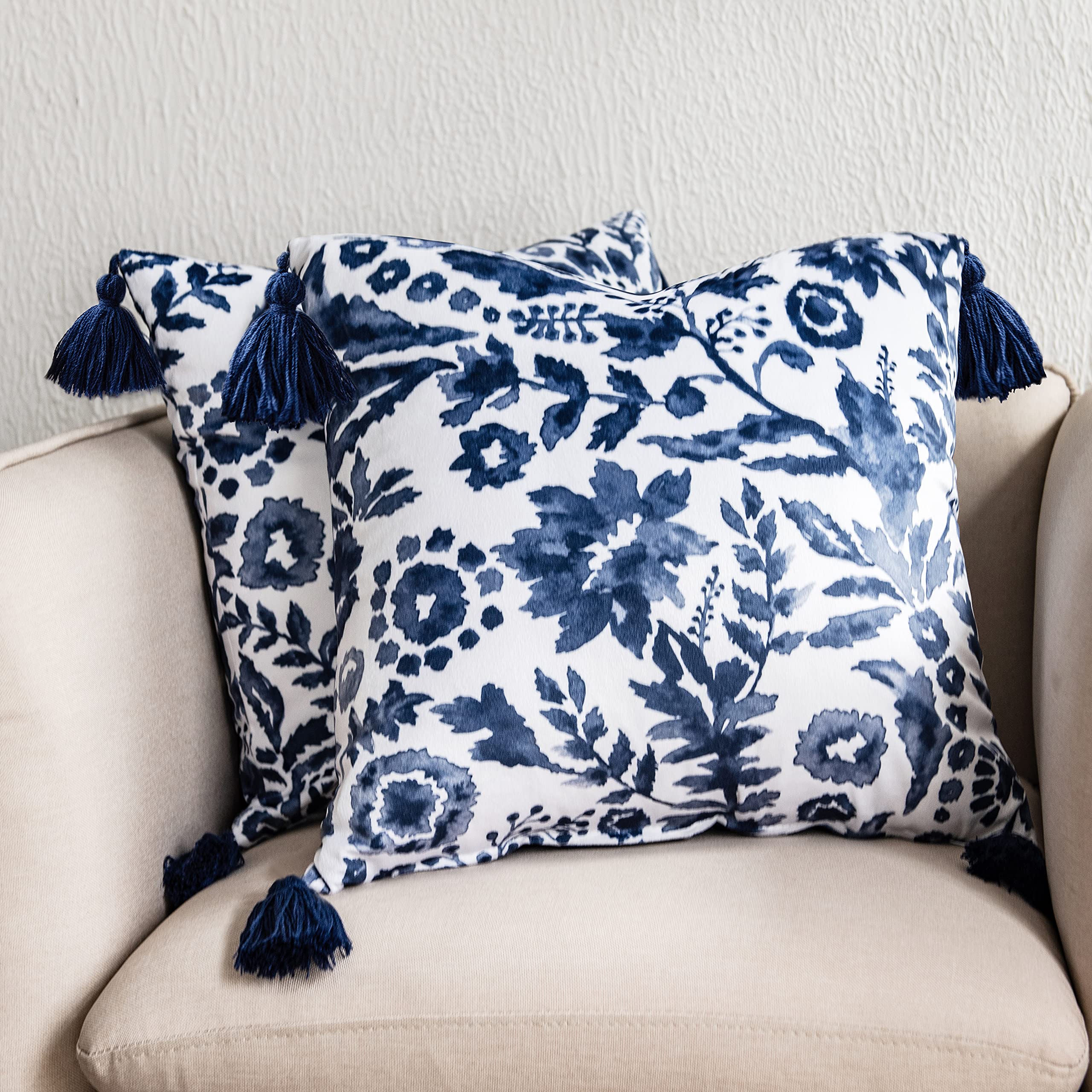 DriftAway Boho Throw Pillow Covers Julia Modern Farmhouse Decorative Home Cushion Velvet Tassels Watercolor Blooming Flower Floral Pattern for Bed Sofa or Bench 2 Pieces 18 Inch by 18 Inch Navy