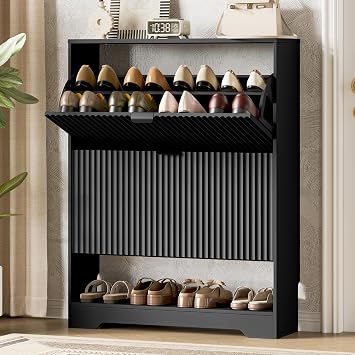 Xixini Shoe Storage Cabinet for Entryway with 2 Flip Drawers, Hidden Slim Wood Shoe Organizer with Modern Fluted Panel, Freestanding Narrow Shoe Rack for Front Door Entrance, Hallway, Foyer, Black