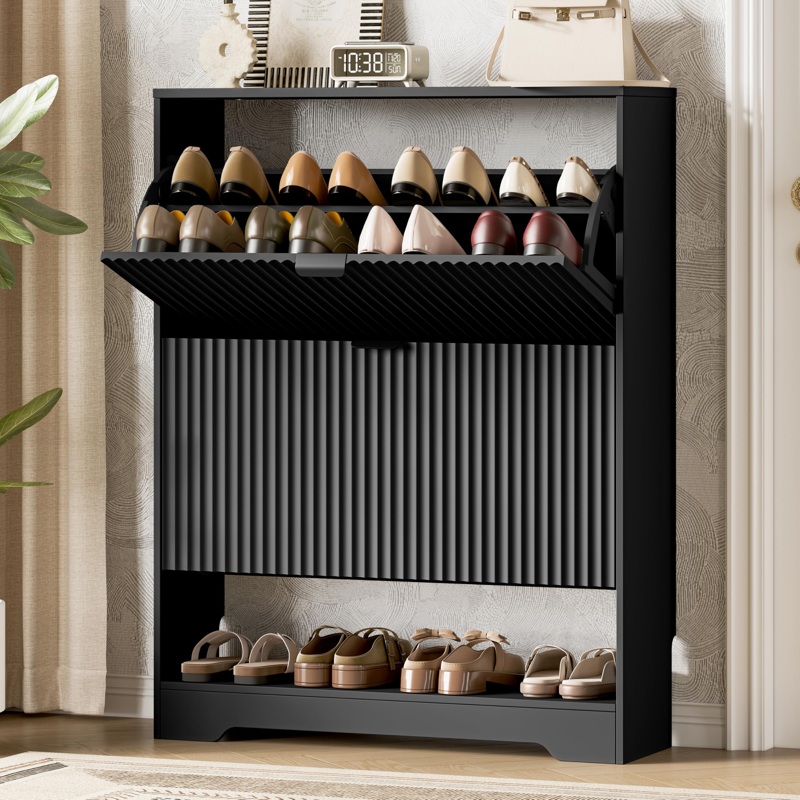 Xixini Shoe Storage Cabinet for Entryway with 2 Flip Drawers, Hidden Slim Wood Shoe Organizer with Modern Fluted Panel, Freestanding Narrow Shoe Rack for Front Door Entrance, Hallway, Foyer, Black