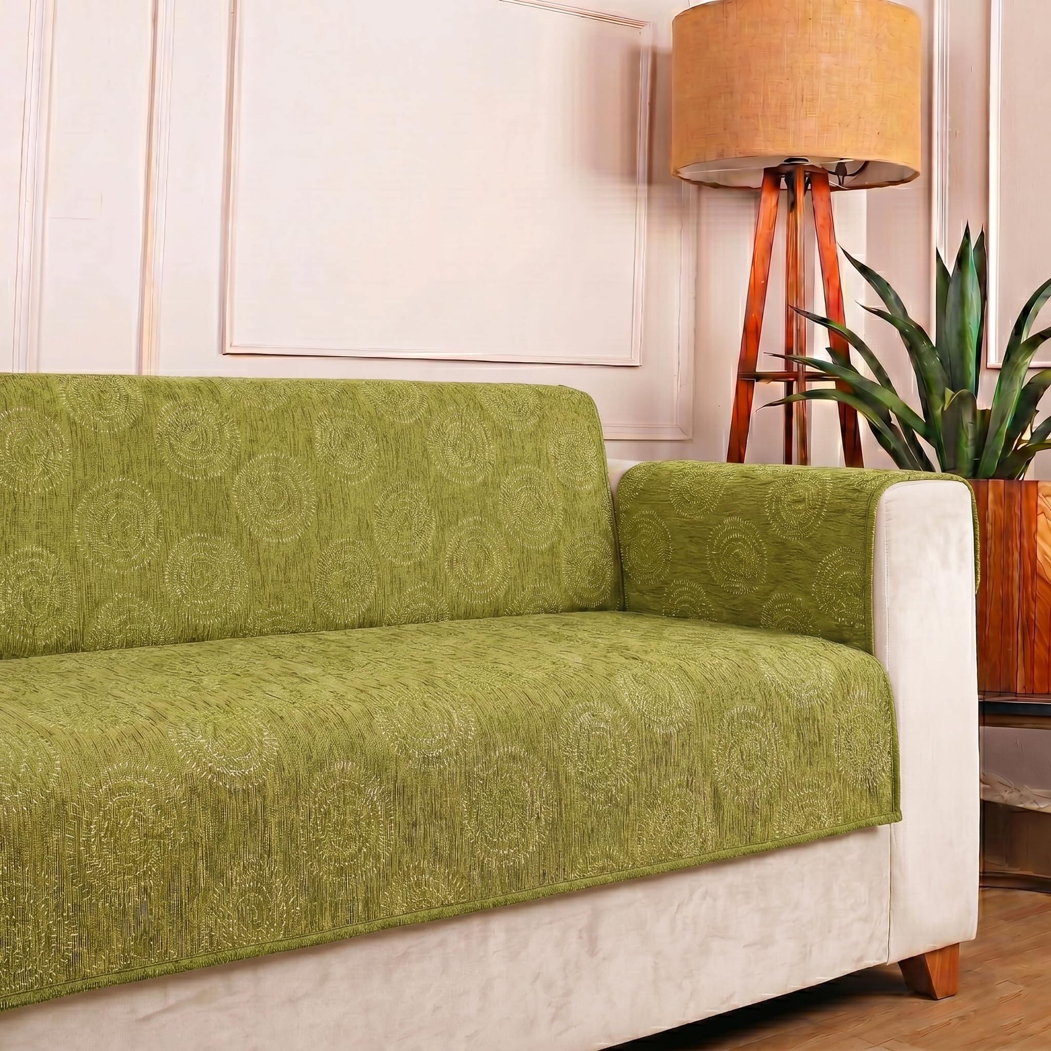 STITCHNEST 'Opulence Series' Floral Woven Sofa Cover for 3 Seater | Premium Soft Fabric Sofa Protector | Green Circular Pattern with Tassel Edge Finish | Durable Living Room Furniture Cover