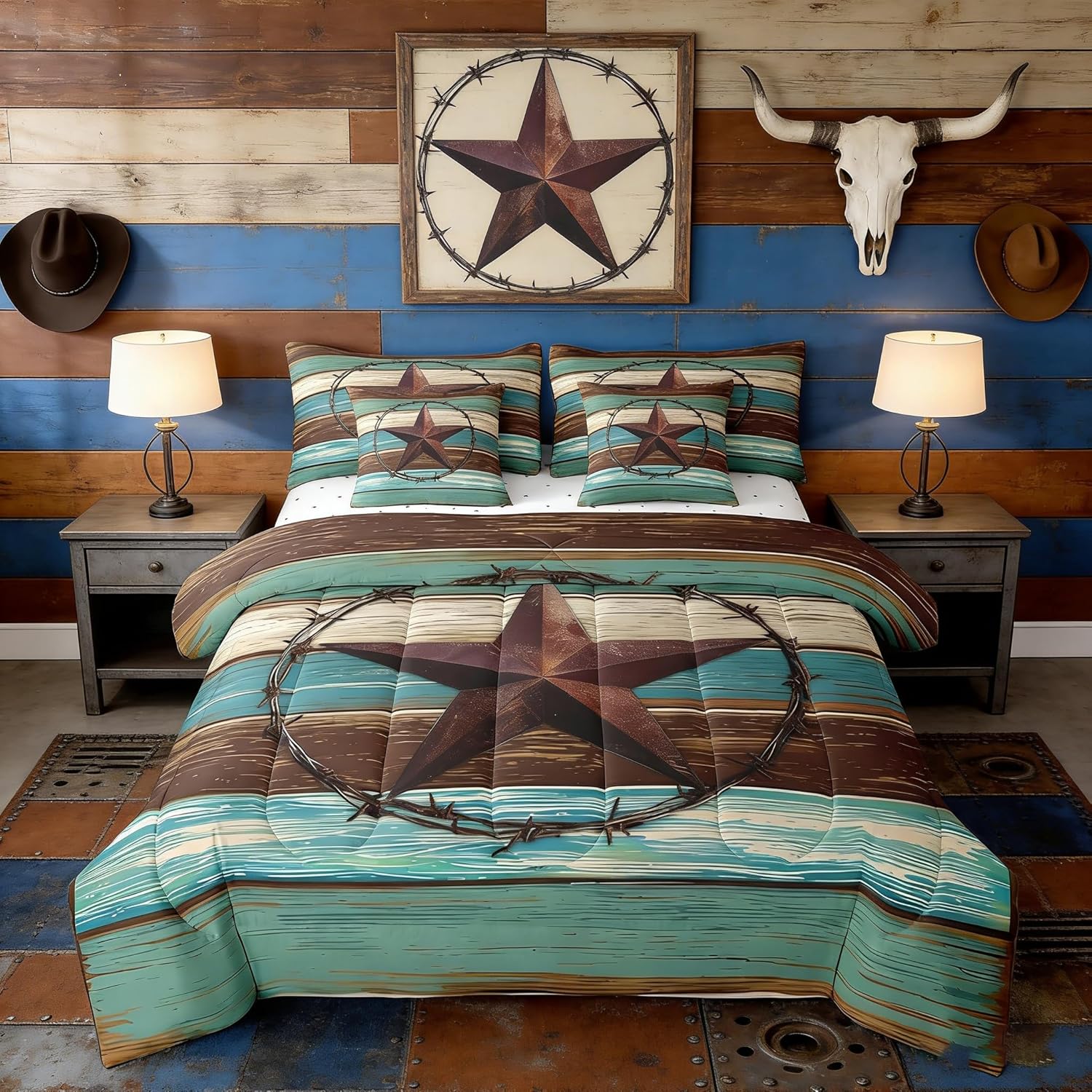 Manfei 7pcs Western Texas Star Comforter Set King, Green Grey Wooden Plank Bed Set for Kids Boys,Rustic Farmhouse Bedding(1 Comforter,1 Fitted Sheet,1 Flat Sheet,2 Pillowcases,2 Throw Pillow Cover)