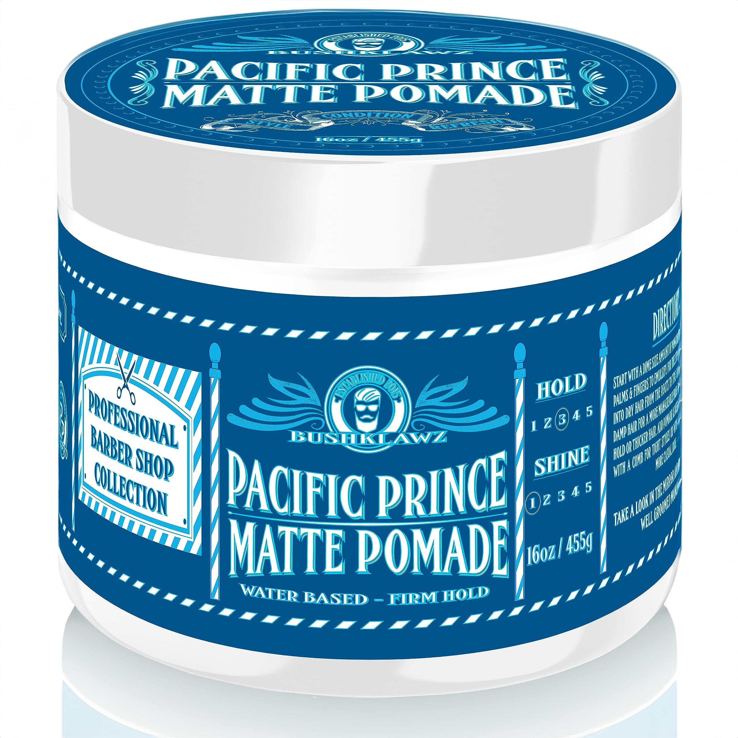 Pacific Prince Matte Pomade 455 g auf Wasserbasis, fester Halt, leicht zu waschen, keine Ablagerungen für enge Styles, Herren-Styling, riecht großartig