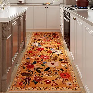 Runner Rug for Kitchen Rug Non Slip 2'x 6' Washable Rugs with Rubber Backing Soft Floral Carpet Runner for Hallways, Kitchen, Laundry, Bedroom, Bathroom(Yellow)