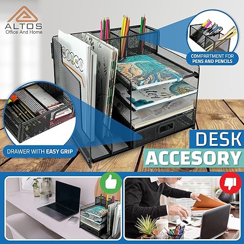 Miniatura 3 de Organizador de escritorio de malla metálica, 1 cajón deslizante, 4 bandejas horizontales y 2 secciones verticales, con 3 espacios para lápices y