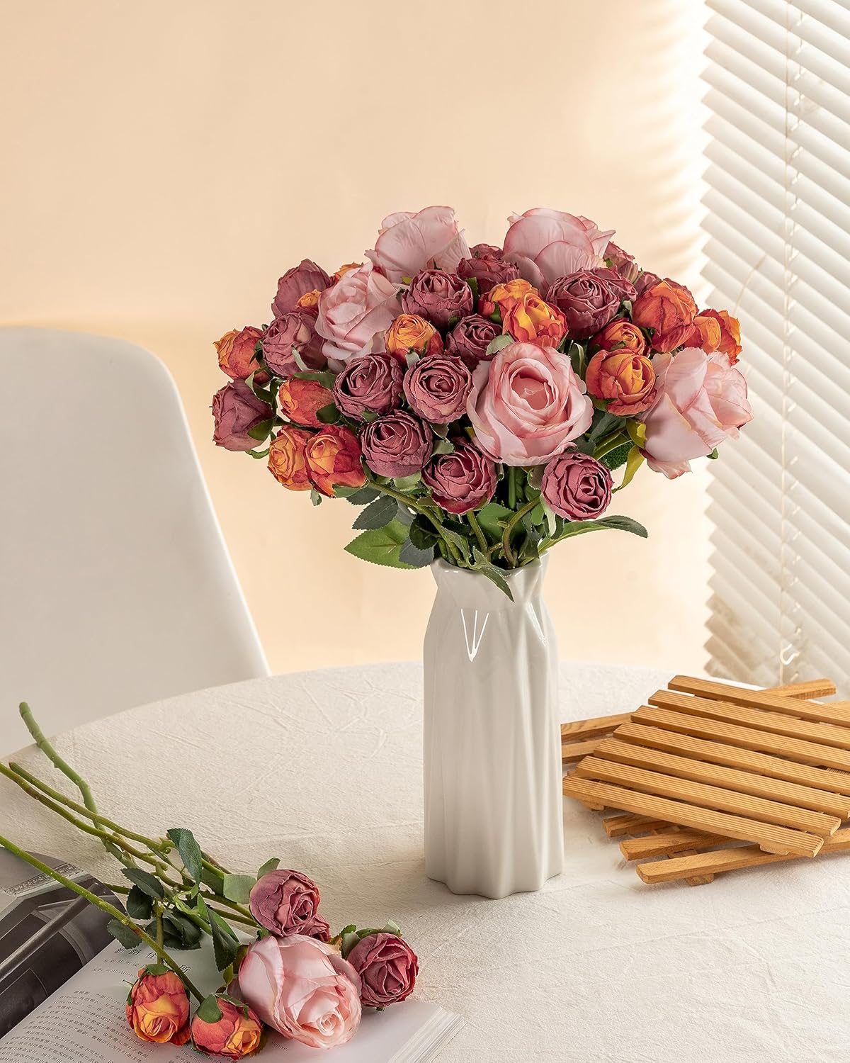 DuHouse 24pcs Artificial Flowers Silk Rose with Stem Mini Fake Rose Bouquets for Arrangement Wedding Centerpiece Party Home Decoration(Dusty Rose)