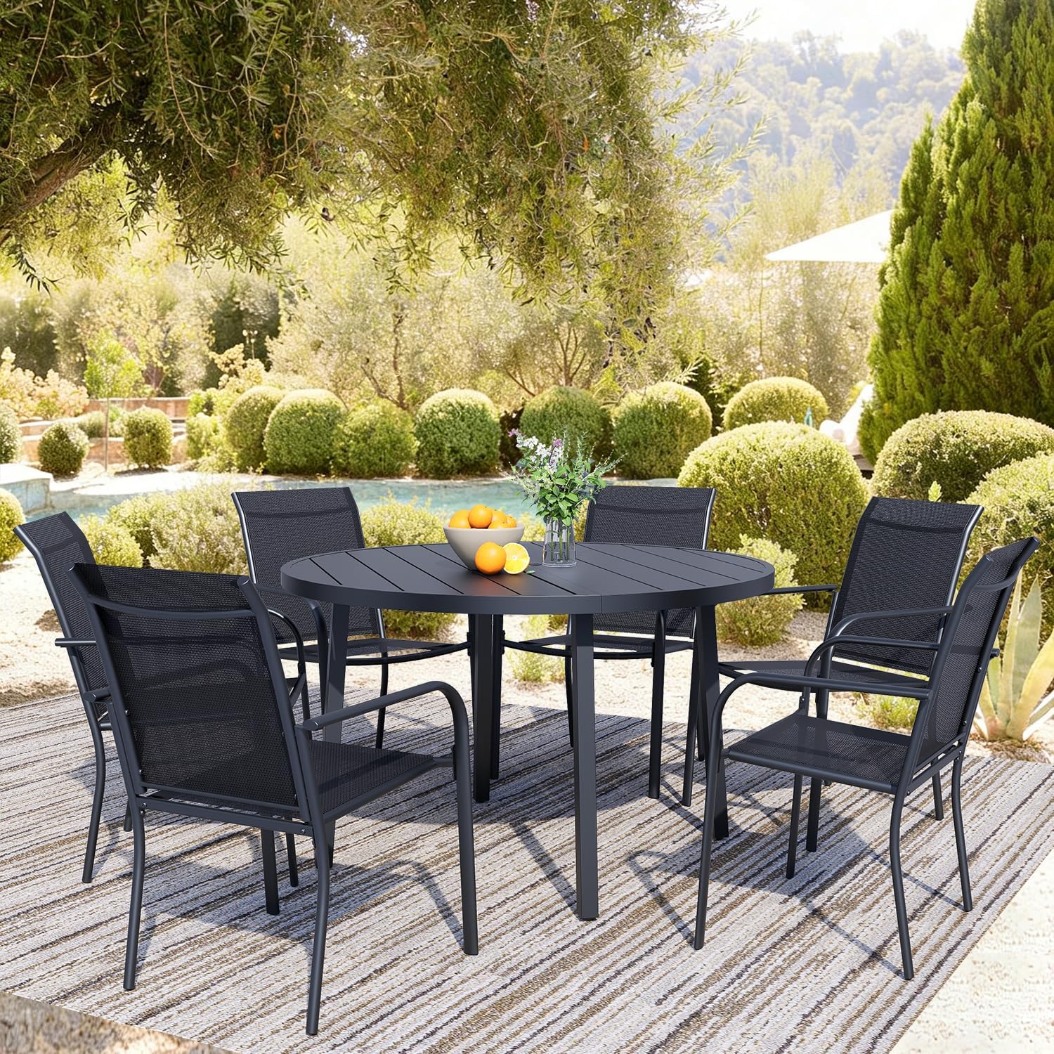 7 Pieces Patio Table and Chair Set of 6, Patio Furniture Set Includes 6 Black Stackable Lightweight Outdoor Chairs and 1 Black Round Table Set of 6, Metal Tables and Chairs for Outside, Garden