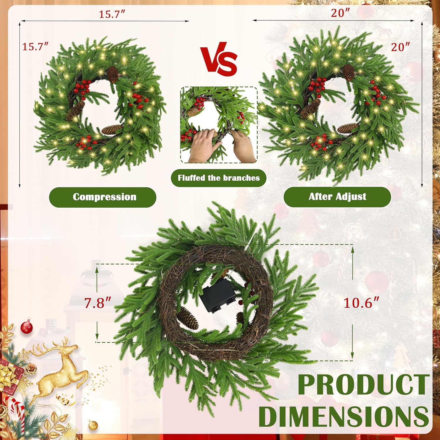 Ogrmar 20 Inch Christmas Wreath for Front Door, Real Touch Norfolk Pine Wreath with Light, Lighted Realistic Artificial Greenery Wreaths with PineCones & Berries for Wall Window Xmas Decor - Image 4