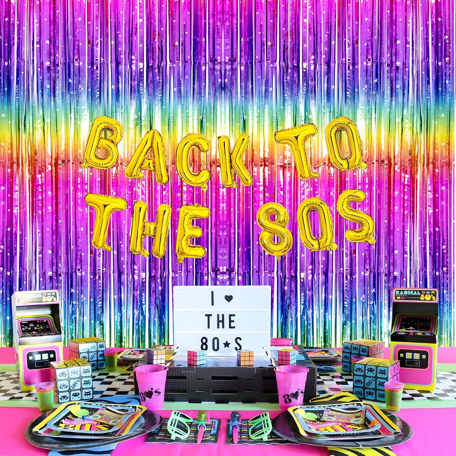 Thicken Neon Rainbow Foil Fringe Backdrop Curtains Streamers for Birthday, 80s 90s Disco Party Decorations, 4 Pack 3.2x8.2 FT