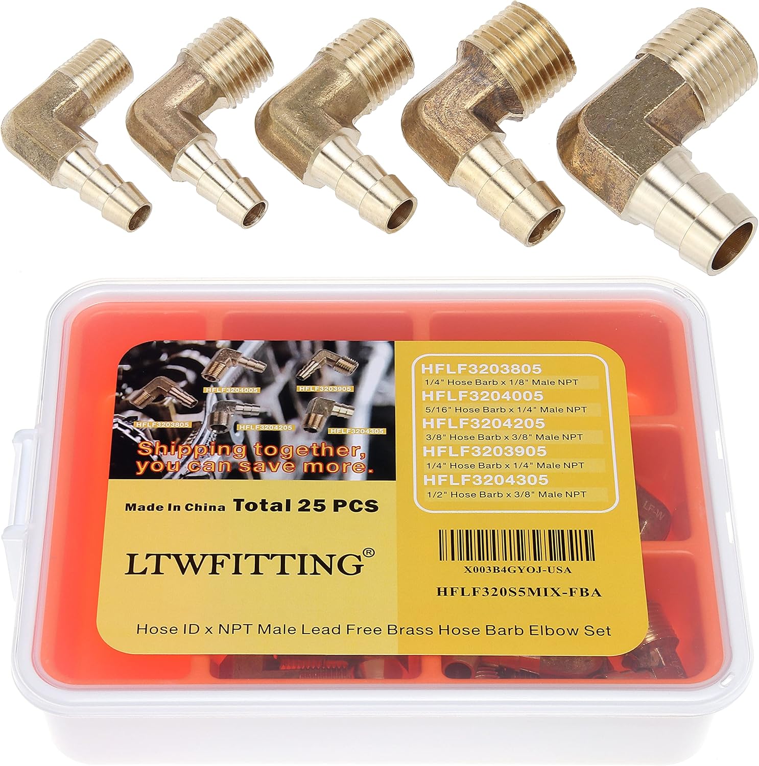 LTWFITTING Assortment Kit Hose ID (1/4-Inch to 1/2-Inch) x (1/8-Inch to 3/8-Inch) NPT Male Brass Hose Barb Elbow Set for Water(Pack of 25)