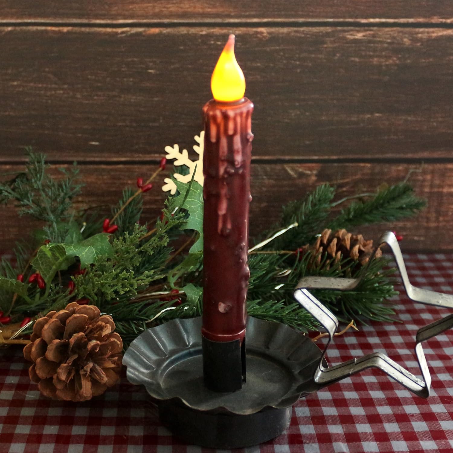 CVHOMEDECO. Real Wax Hand Dipped Battery Operated LED Timer Taper Candles Country Primitive Flameless Lights Décor, 6-3/4 Inch, Burgundy, 3 PCS in a Package