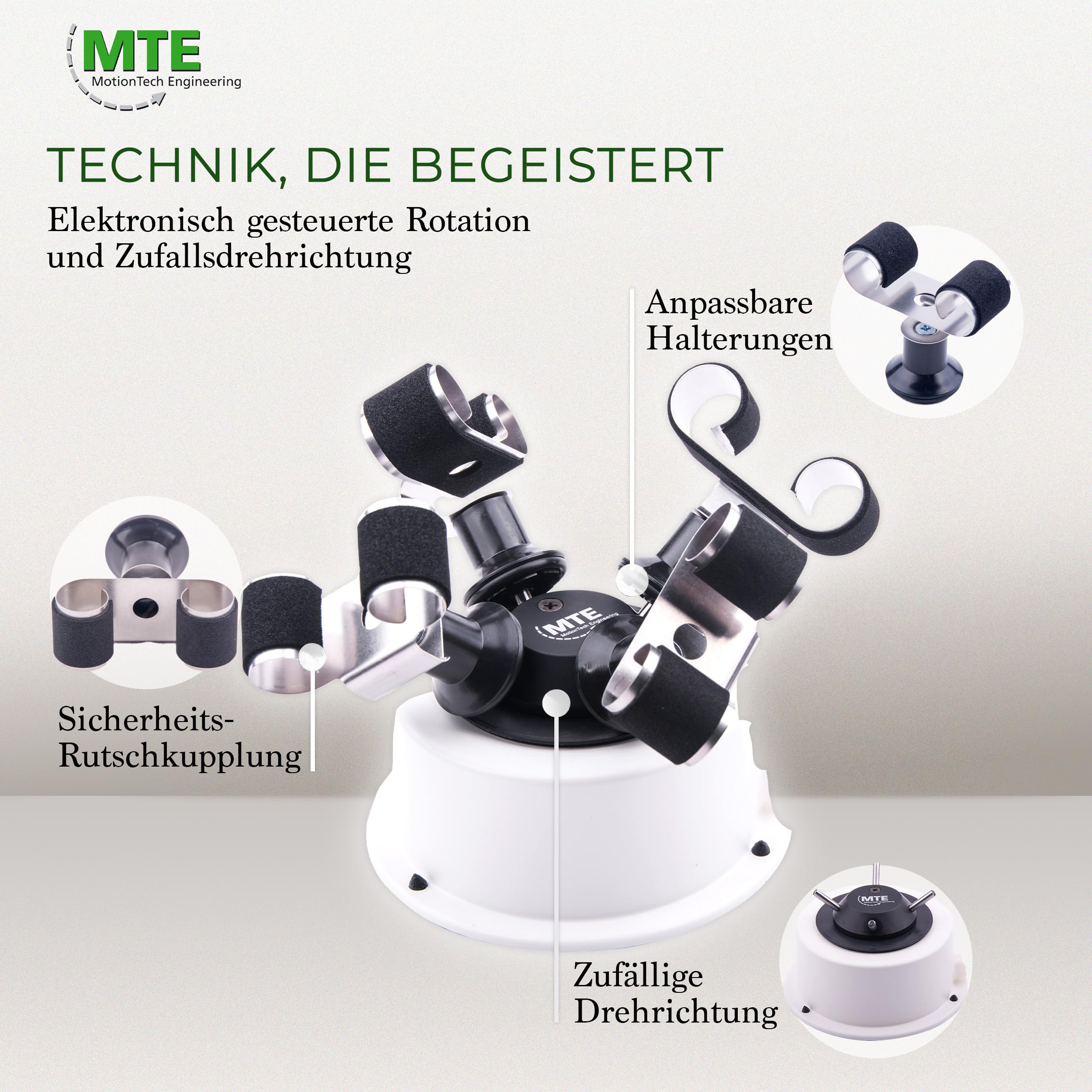 MTE Bewegungstechnik Uhrenbeweger (WTS 4 Weiß) bis zu 4 Uhren – Elektronisch gesteuerte Rotation und Pausen – Uhrenbeweger für Automatikuhren – leiser Watch Winder – Made in Germany
