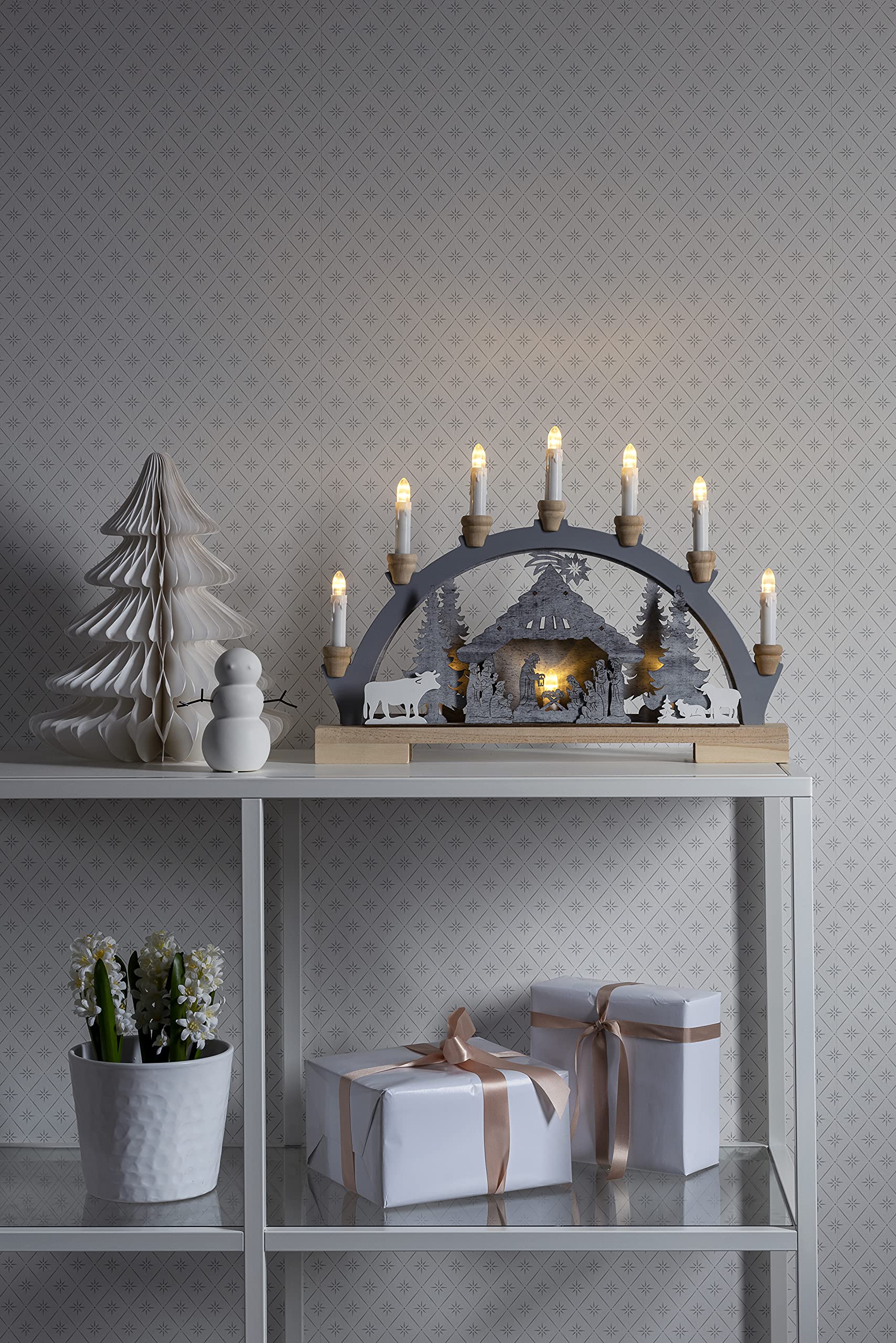 Konstsmide Christmas Lights/LED Nativity Scene Wooden Table Decoration/Indoor Use (IP20)/Transformer or Battery Operation (Excl.)/10 Warm White Diodes/Transparent Cable, Wood, Grey