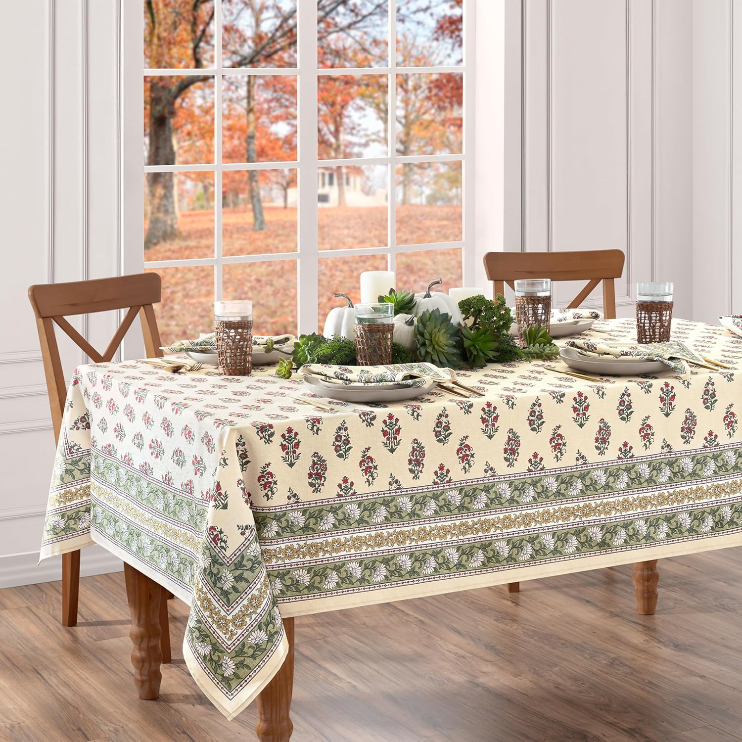 Elrene Home Fashions Nomad Harvest Block Print Fall/Thanksgiving Rectangle Tablecloth, 60"x102"