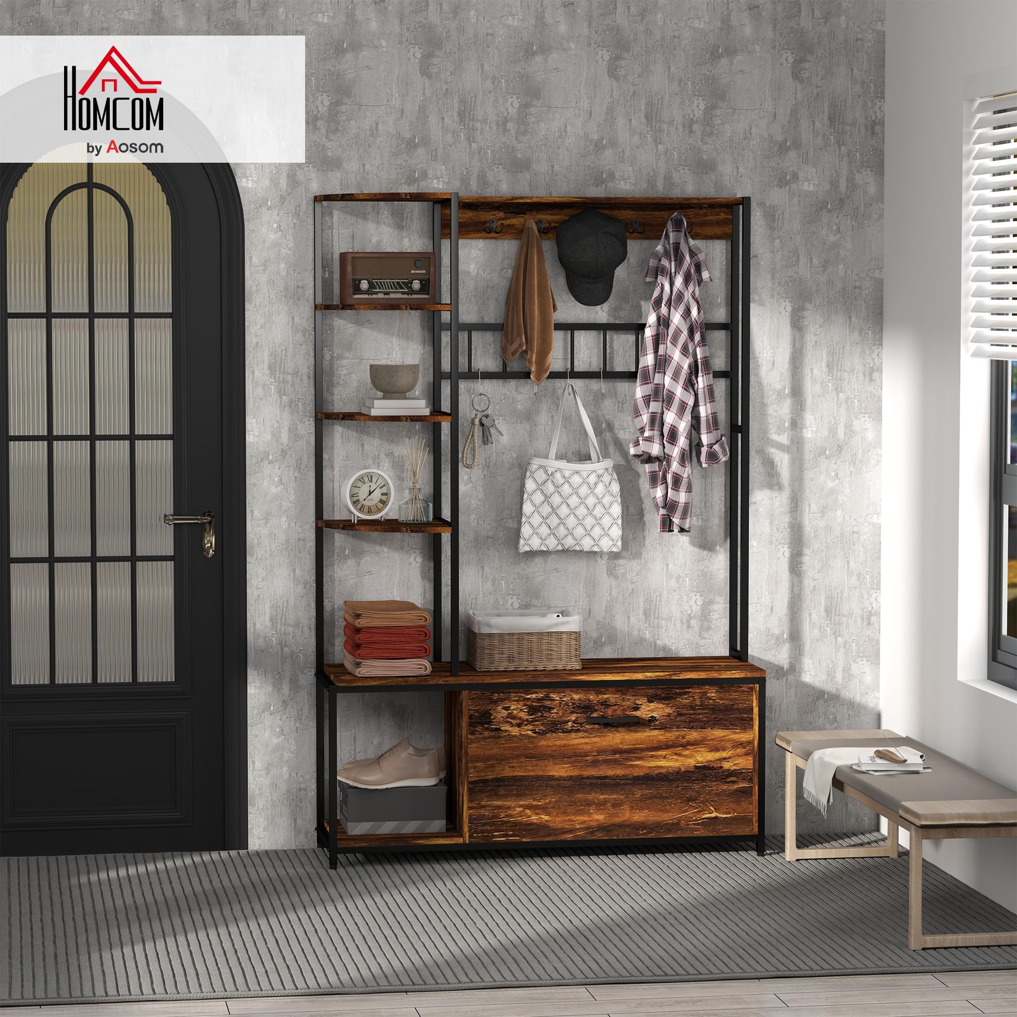 HOMCOM Perchero Zapatero Perchero Entrada Recibidor 4 en 1 con Banco Zapatero de 2 Pisos Estantes Ganchos Compartimento y Sistema Anti-vuelco para Pasillo Dormitorio 120x35x180 cm Marrón Oscuro