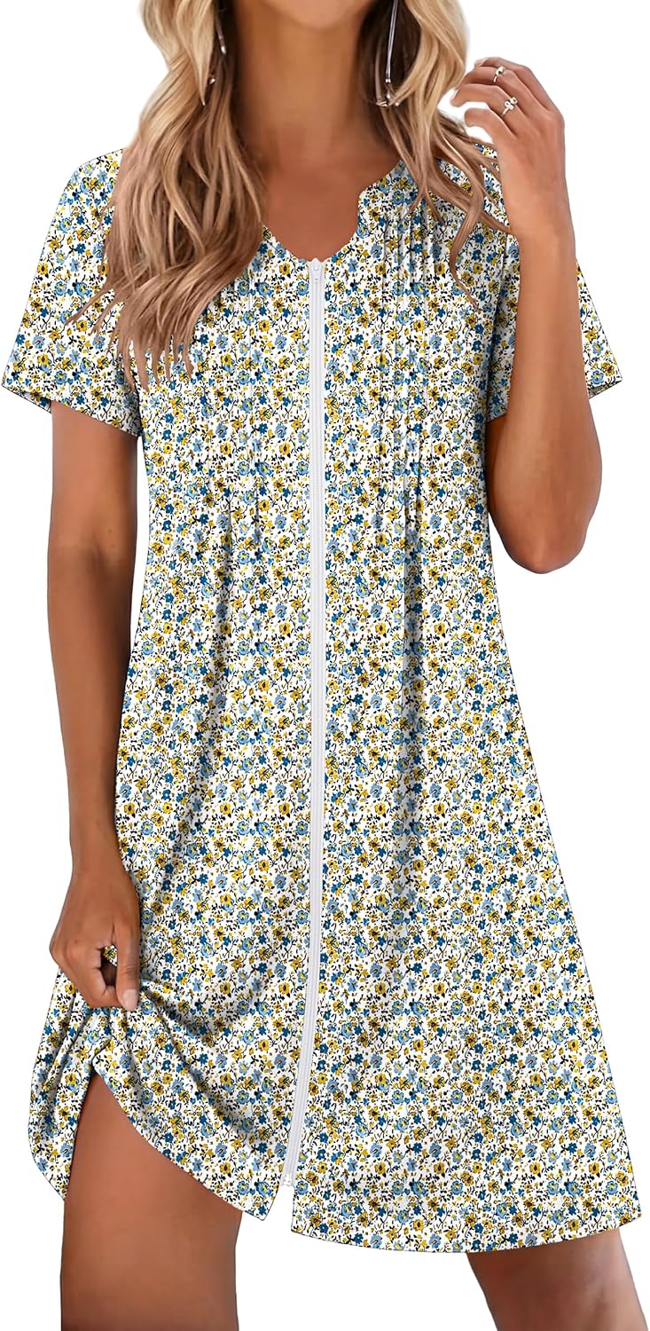 EKOUAER Women Zipper Robes Short Bathrobe Lightweight Mumu Duster House Coat with Pockets Soft Moo Moo Nightgown