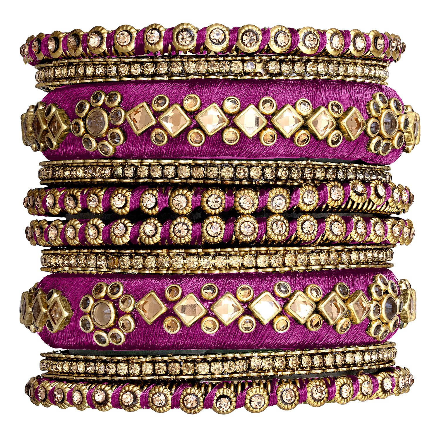 Peora Gold Plated Velvet Matching Fancy Kundan Silk Thread Chuda Chura Bangle Set Indian Traditional Bridal Fashion Jewellery for Women Girls (Size - 2.6), Gold Plated, Crystal,