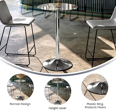 Flash Furniture Chad 23.5'' Round Glass Cocktail Table with Adjustable Height Frame, Bar Height Table for Commercial or Residential Use, Clear/Chrome