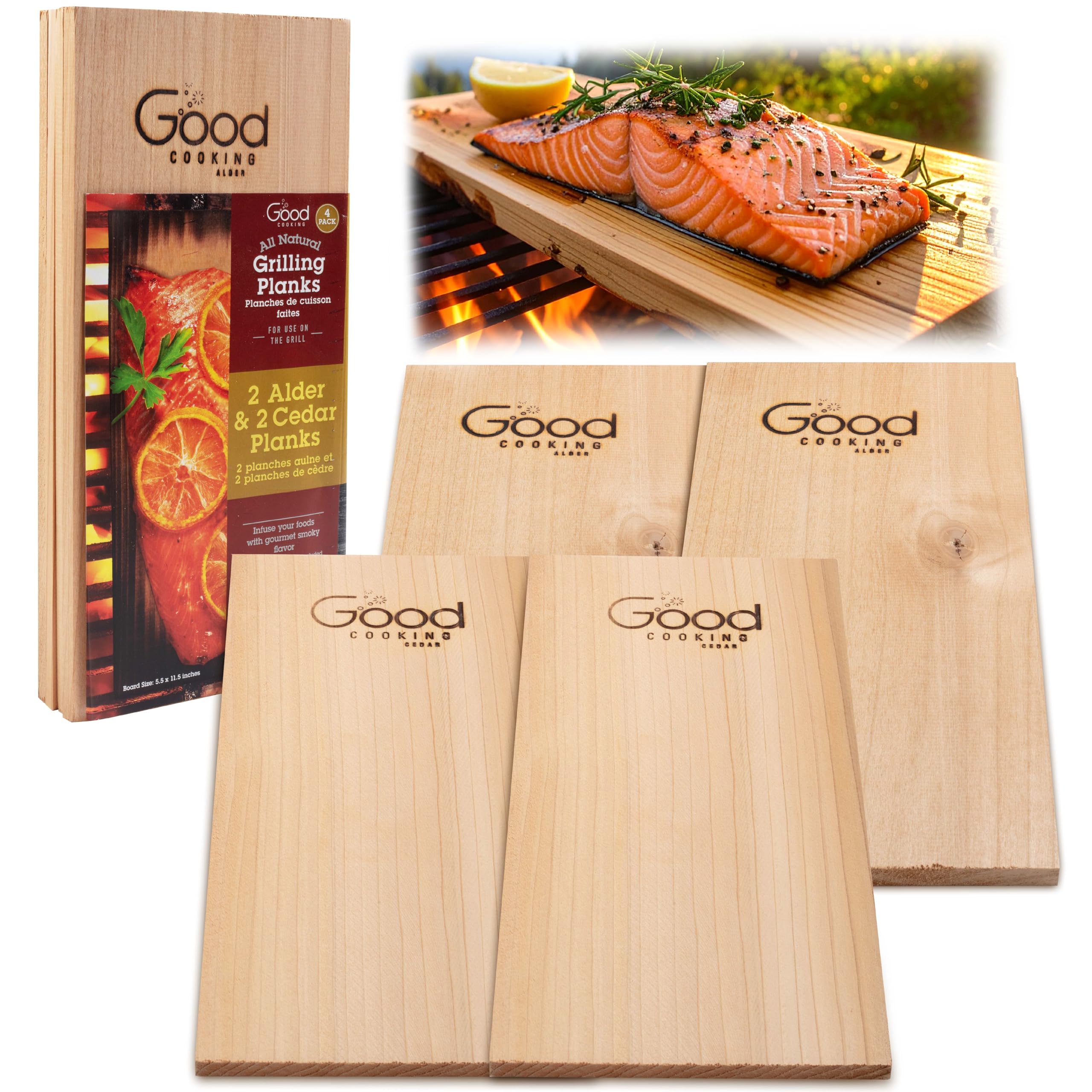 Good Cooking Grilling Planks - 2 Pack Cedar and Alder - Premium Thicker Wood for Barbecue Salmon, Seafood, Steak, Burgers, Pork Chops, Vegetables - Reusable & Durable - 12" x 6"