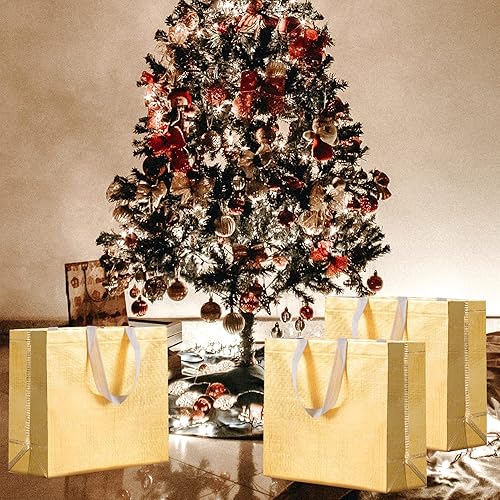 Miniatura 7 de SHIPKEY Paquete de 10 bolsas de regalo doradas con papel de seda, 12.5 x 4.7 x 11 pulgadas, bolsas de regalo reutilizables, bolsas de regalo