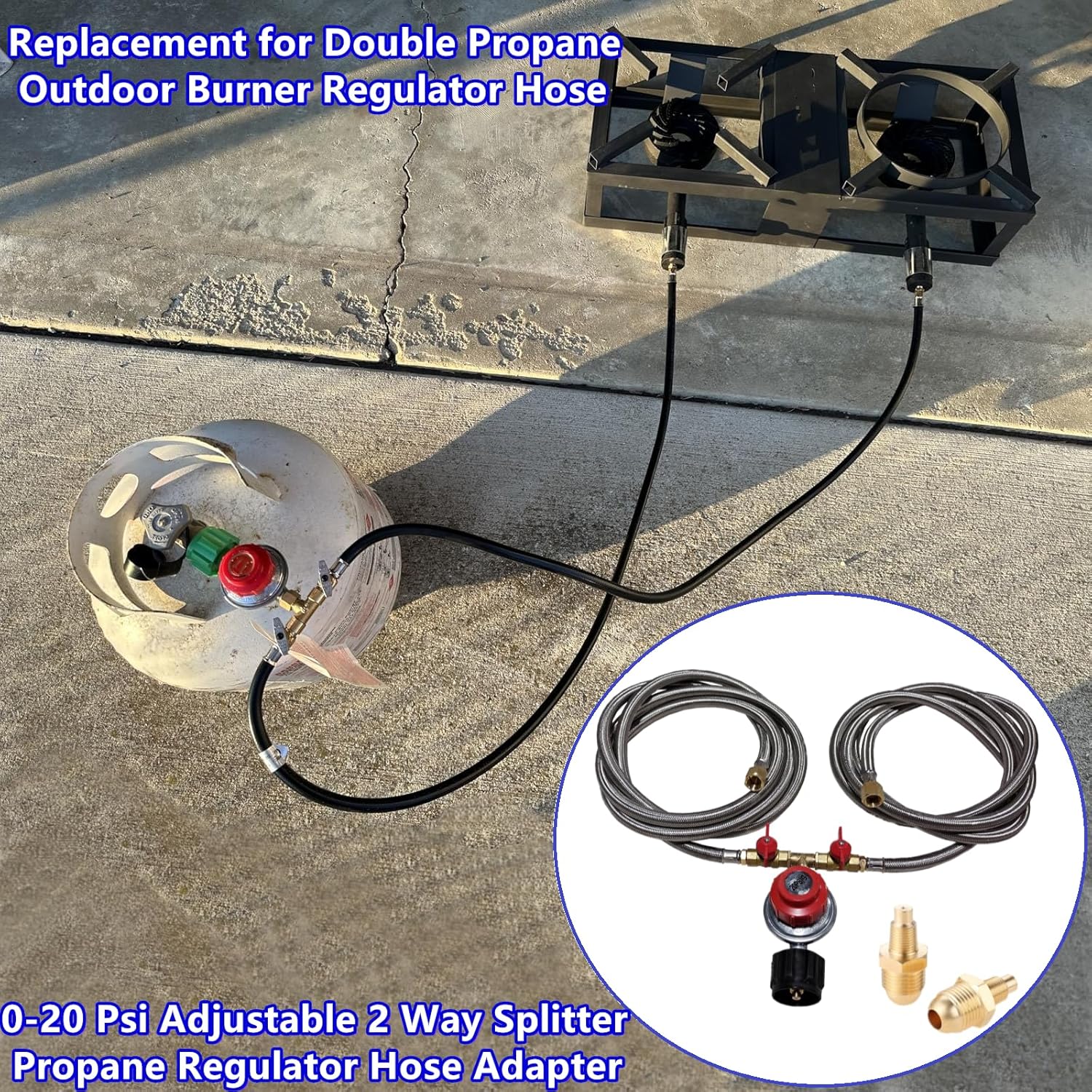 MCAMPAS 0-20 Psi Adjustable Propane Regulator with Hose. 8 Feet Y Splitter Double Braided Hose with 1/8" MNPT Pipe Fitting for Double Propane Outdoor Burner, Turkey Fryer, Cooker