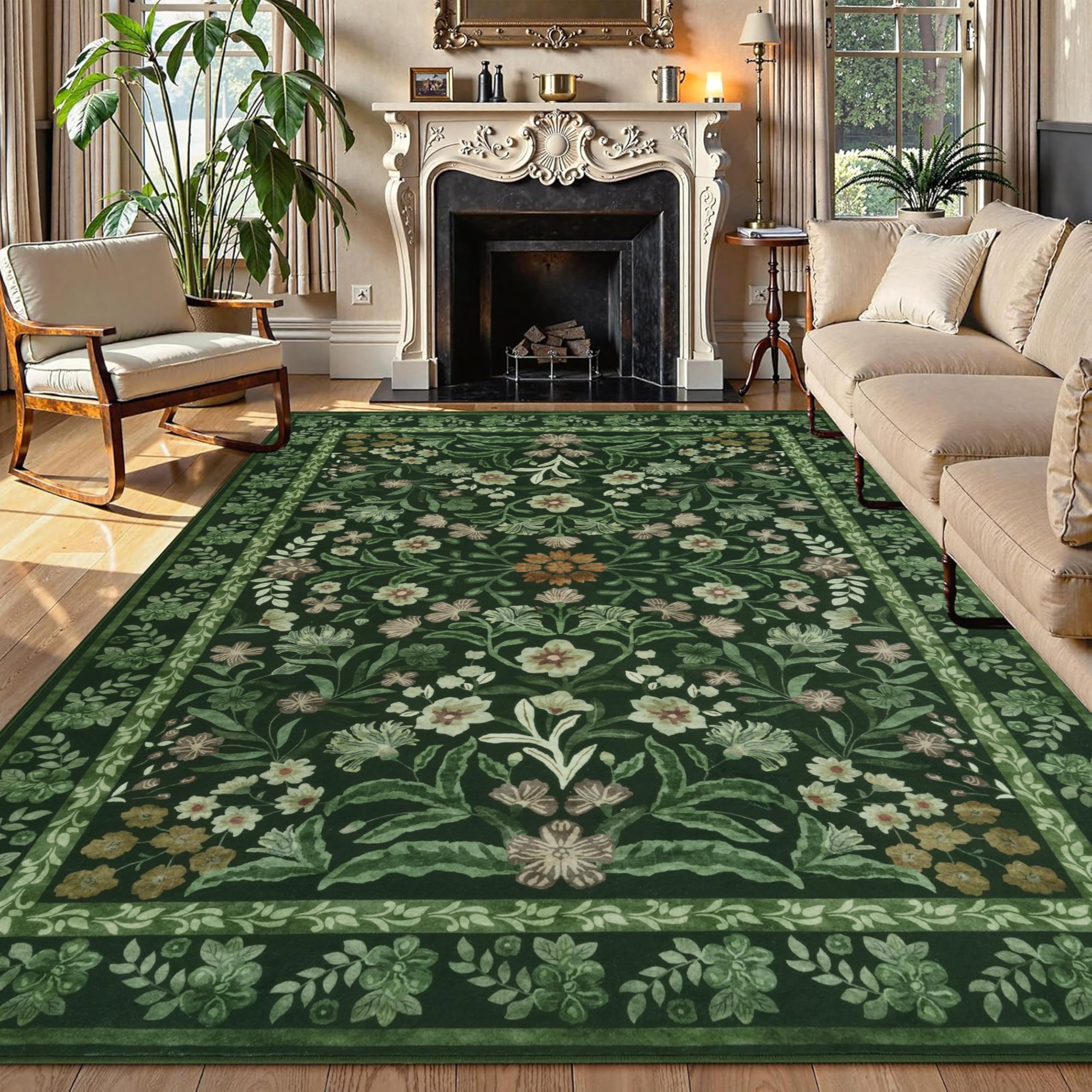 Edlbaegy Washable Rugs Living Room 120x170cm Green Rug Non-slip Area Rug for Bedroom Low Pile Vintage Floral Floor Carpet for Bedroom Dining Room Nursery Office