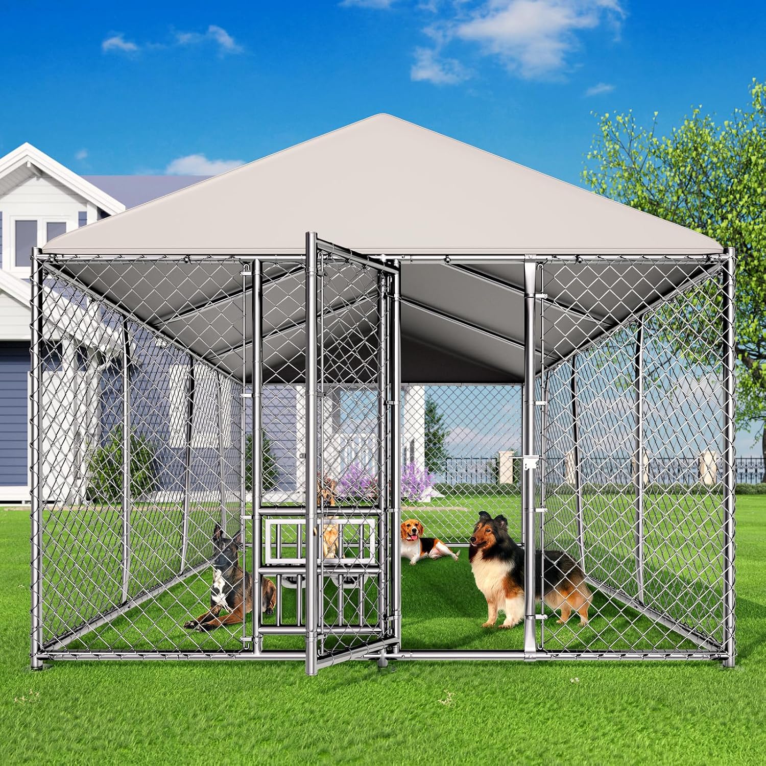 Lyromix 10 x 15FT Large Outdoor Dog Kennel with Bowls, Dog Kennel Outside with Waterproof Cover Roof, Galvanized Heavy Duty Chain Link Dog Runs Cage Playpen for Outside with Secure Lock