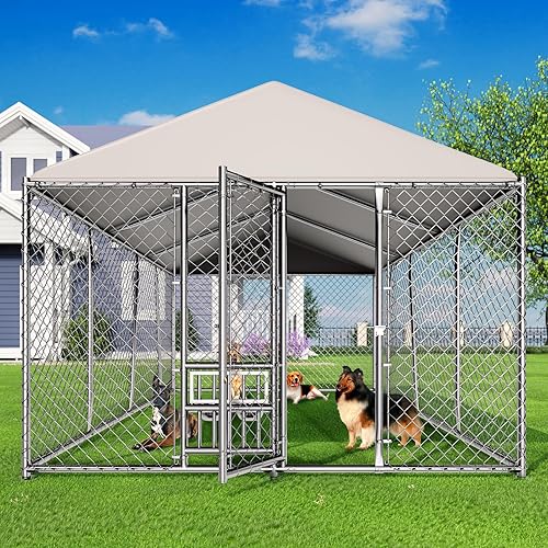 Miniatura 6 de Lyromix - Perrera grande de 10 x 15 pies para exterior con cuencos, perrera para exterior con techo impermeable, jaula de eslabones de cadena