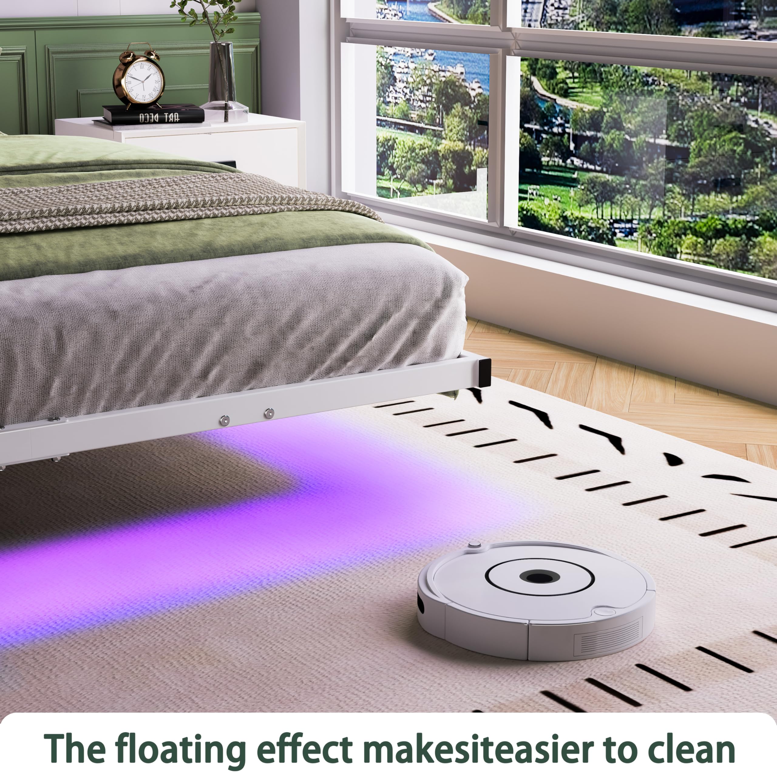 Marco de cama flotante de 120 x 200 cm con luces LED y estación de carga USB, marco de cama de plataforma metálica con cabecero acolchado y almacenamiento, listones de metal resistentes, libre