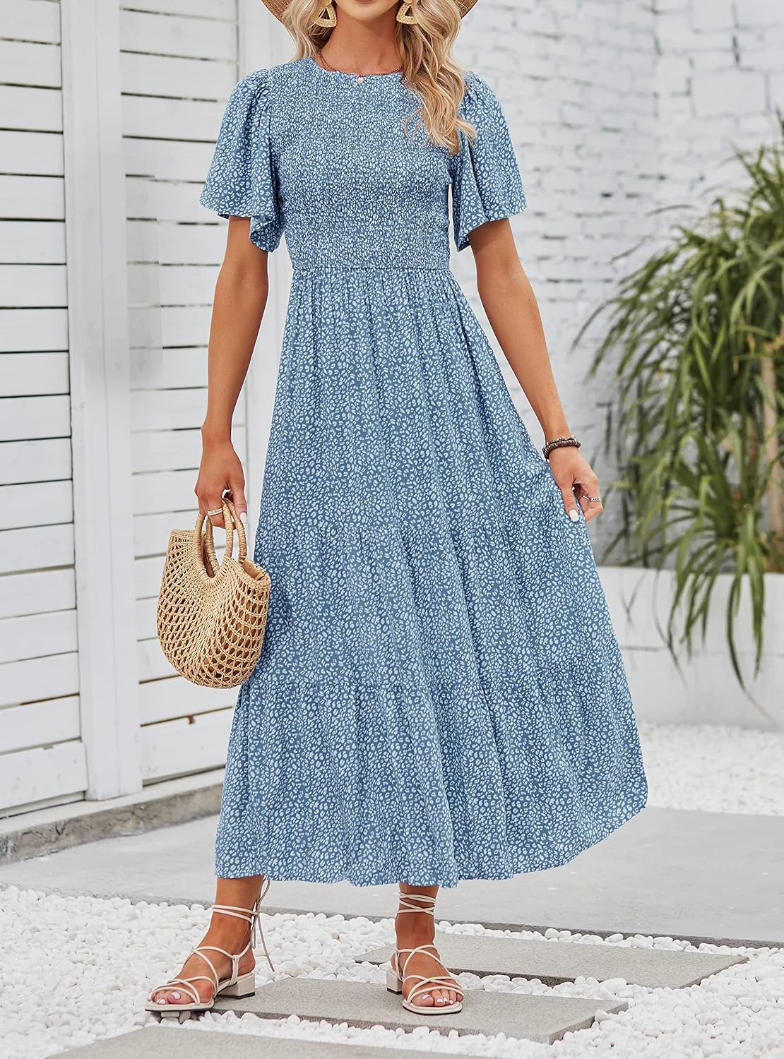 ZESICA Women's 2026 Summer Casual Floral Print Short Flutter Sleeve Crew Neck Smocked High Waist Flowy Maxi Dress - Image 7