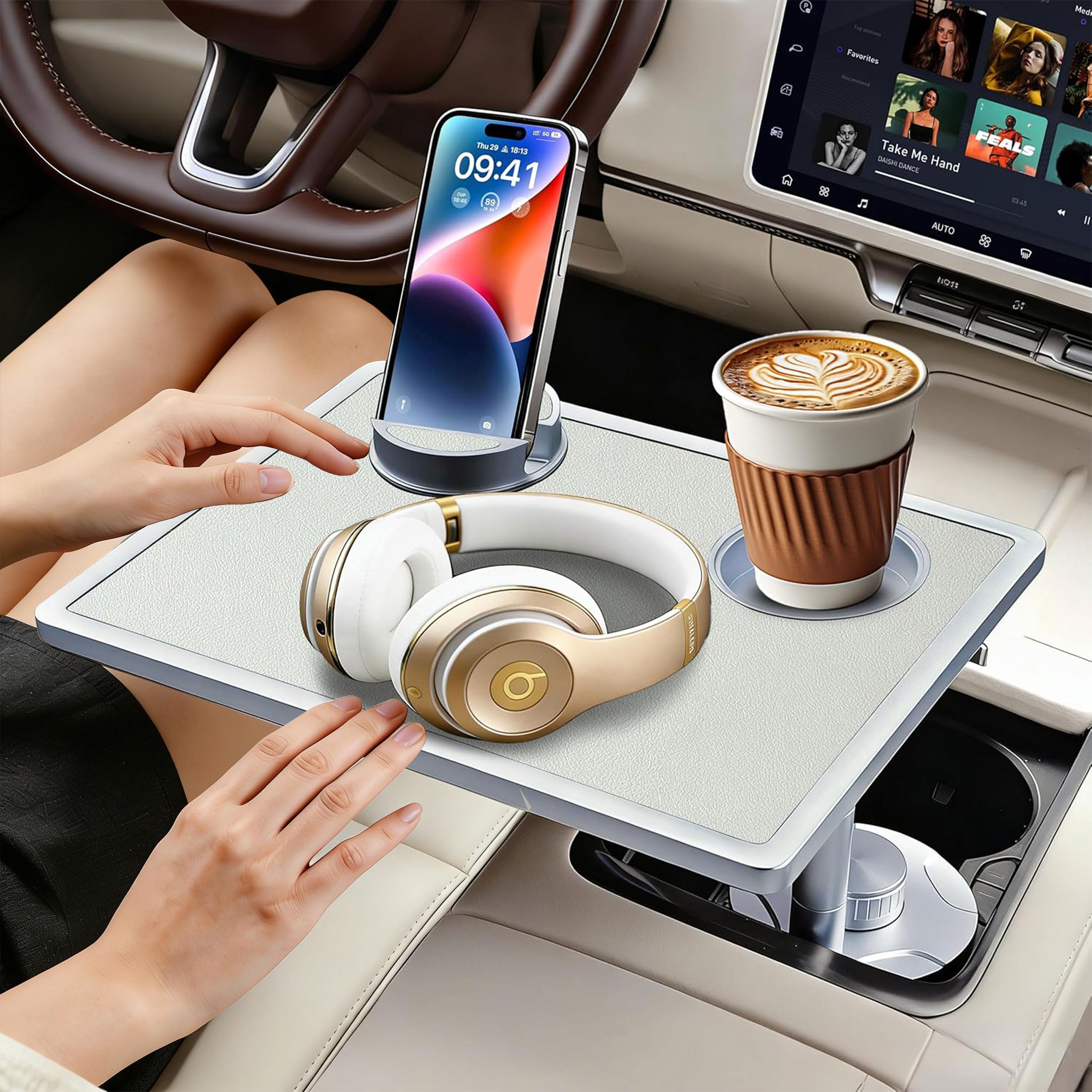 Photo 1 of Car Food Tray & Car Table Tray with Car-Grade Aluminum Cup Holder & Phone Stand,360° Rotating Car Desk for Laptop & Eating, Compatible with Tesla Model Y/3/S, Best Fit Round Cup Holder (2.28" - 3.66")