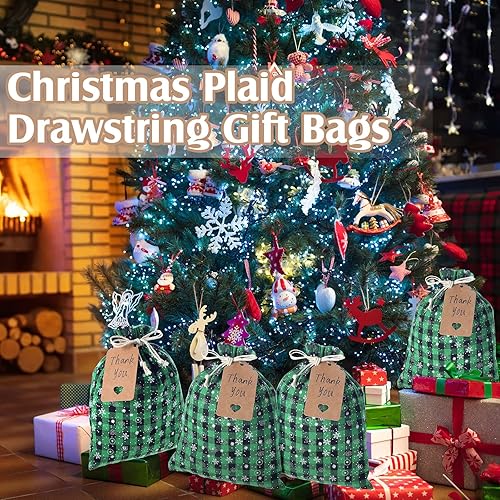 Miniatura 6 de Shappy 24 bolsas de Navidad con cordón, bolsas de arpillera a cuadros de Navidad, bolsas de lino con cuerda de 3.28 pies, 24 tarjetas (copo de nieve