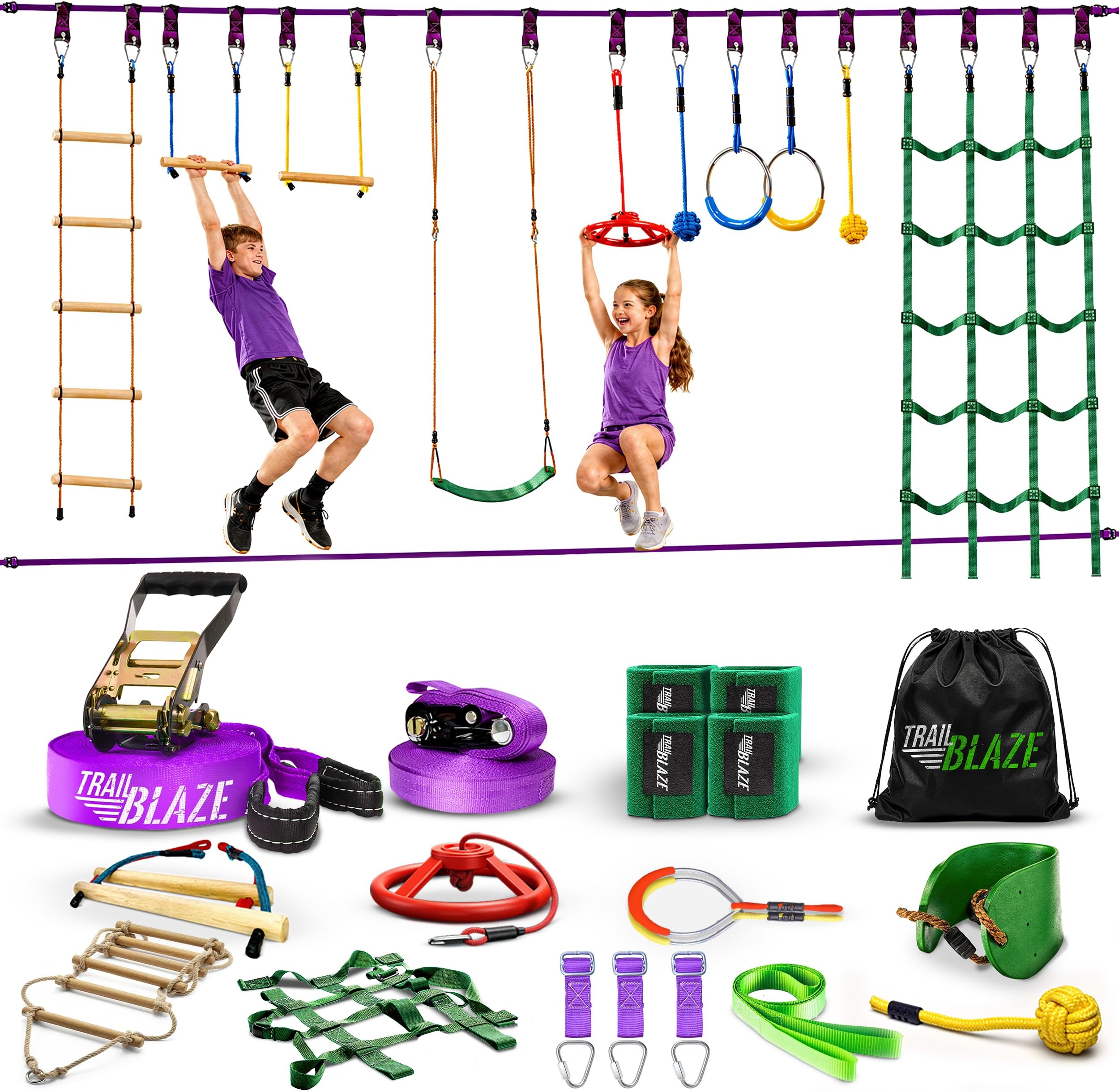 Ninja Warrior Obstacle Course Kids Outside - 2x55ft Backyard Slackline