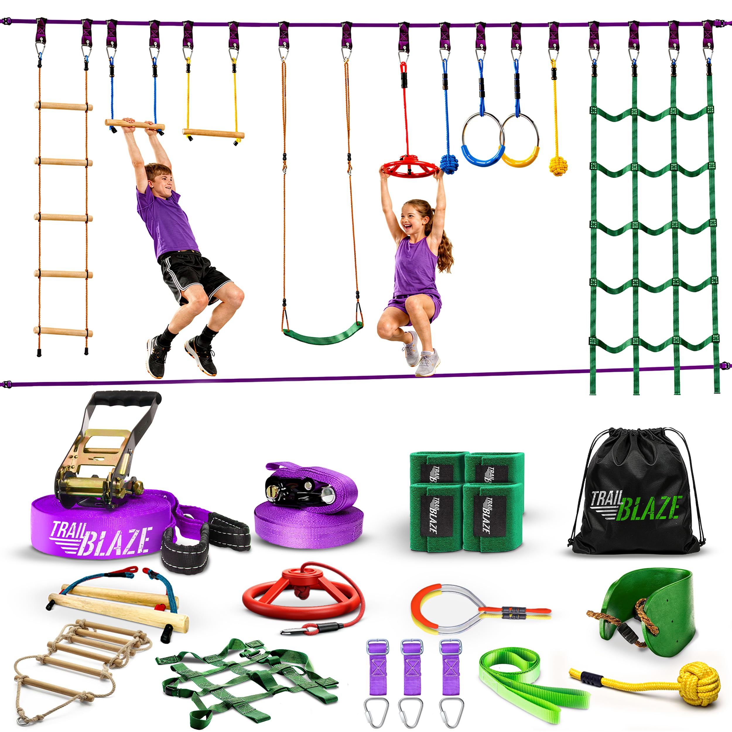 Trailblaze Slackline Ninja Warrior Obstacle Course for Kids, 15m Ninja Slack Line Gym Rings, Monkey Bars, Tree Guards, Perfect Outdoor Fun for Kids