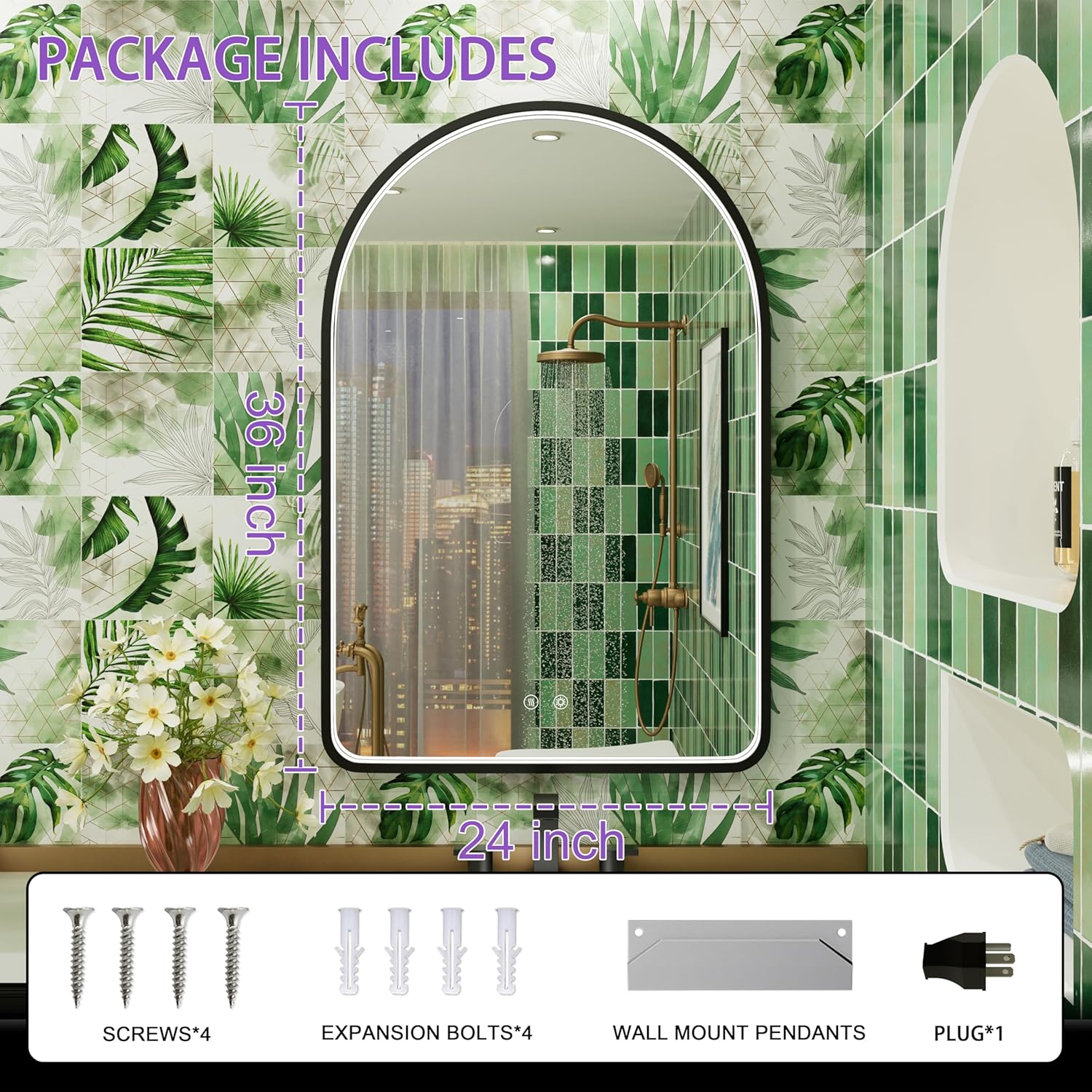 24x36 Inch LED Mirror for Bathroom with Lights, Adjustable 3000K/4500K/6000K, Wall Mounted Black Arched Lighted Bathroom Vanity Mirror, Stepless Dimmable, Anti-Fog, Memory Function