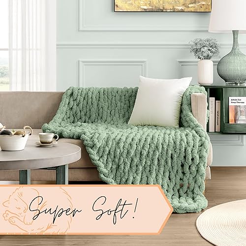 Miniatura 4 de Adyrescia Manta de punto grueso  100% tejida a mano con hilo de felpilla jumbo (50 x 60 pulgadas, verde salvia)