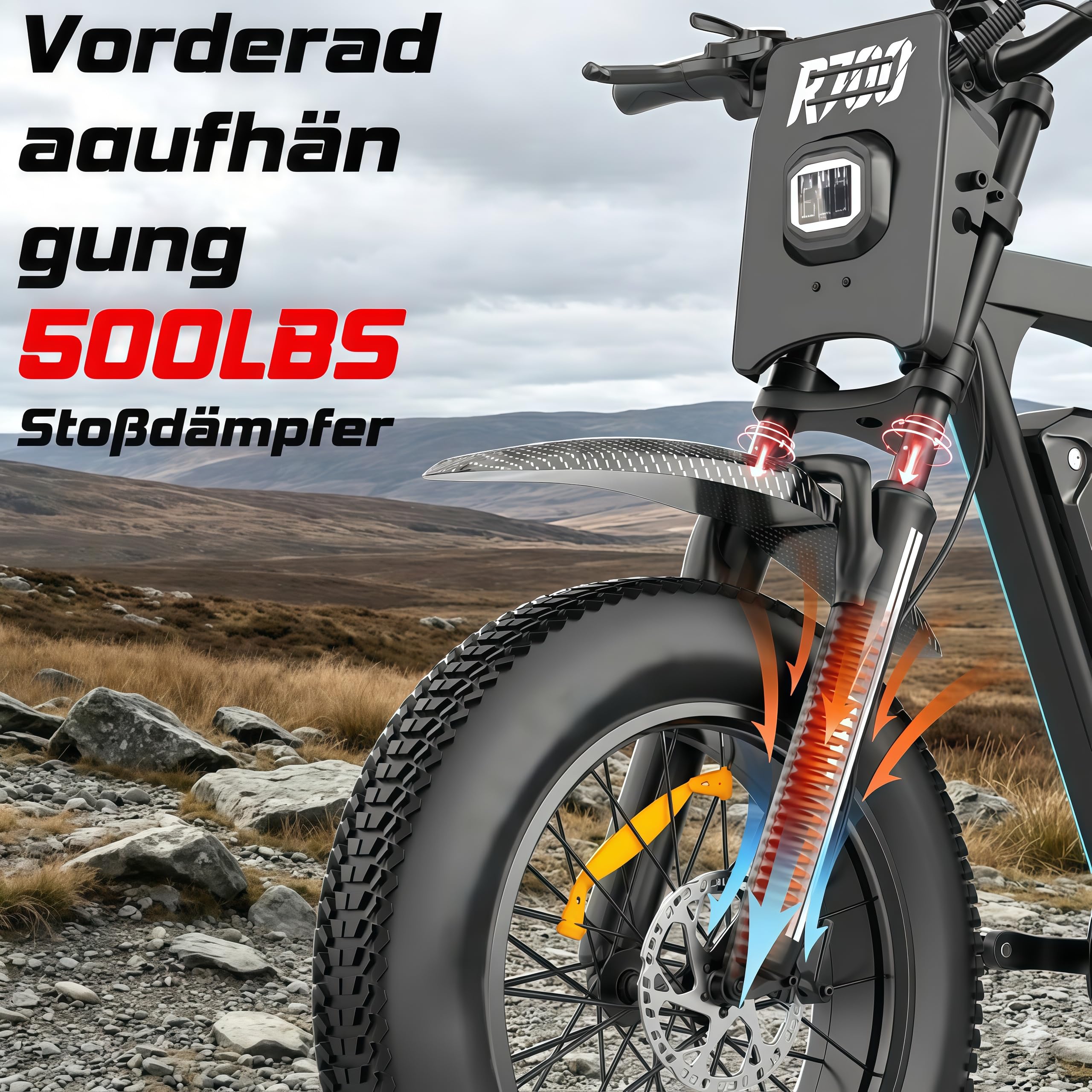 R700 E-Bike Für Erwachsene, 52V 25Ah Abnehmbarer Akku, Bis Zu 70-115KM Reichweite, Hydraulische Scheibenbremsen, 20 Zoll Fat Tire, Shimano 7-Gang, All-Terrain