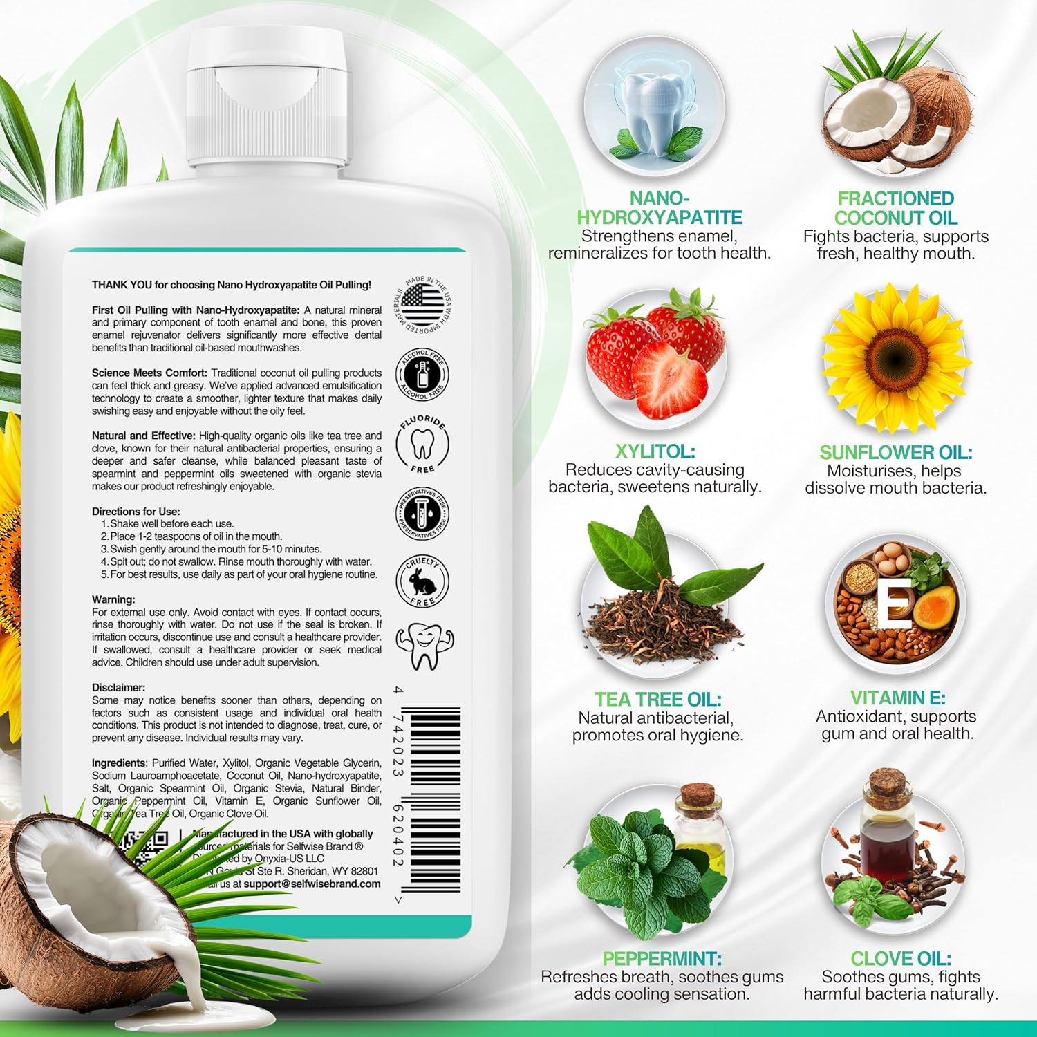 Nano-Hydroxyapatite Oil Pulling Whitening Mouthwash for Teeth and Gums, Natural & Organic, Whitens Teeth, Strengthens Enamel, Fights Bad Breath & Plaque – Smooth & Non-Greasy – for Adults & Kids 8oz - Image 5