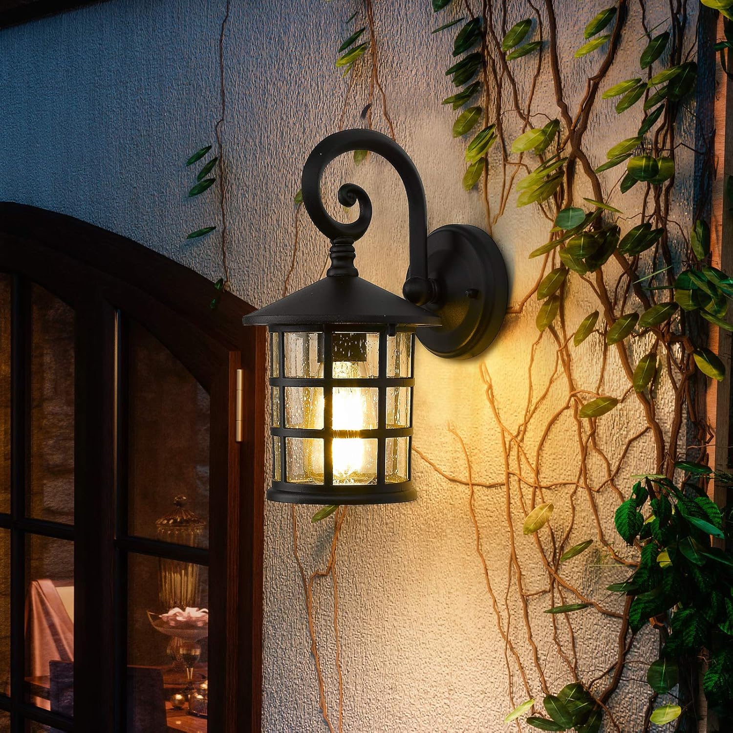 Emliviar Outdoor Porch Lights 2 Pack - Outside Wall Lights for House, Seeded Glass in Black Finish, XE222B-2PK BK