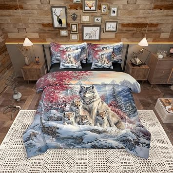 Wolf Family Comforter Set Full Size 7 Pieces,Animal Wolves Printed Bed Set for Boys Kids,Wildlife Bedding Bed in a Bag,Full 1 Comforter,2 Pillowcase,2 Pillow Covers,1 Flat Sheet,1 Fitted Sheet